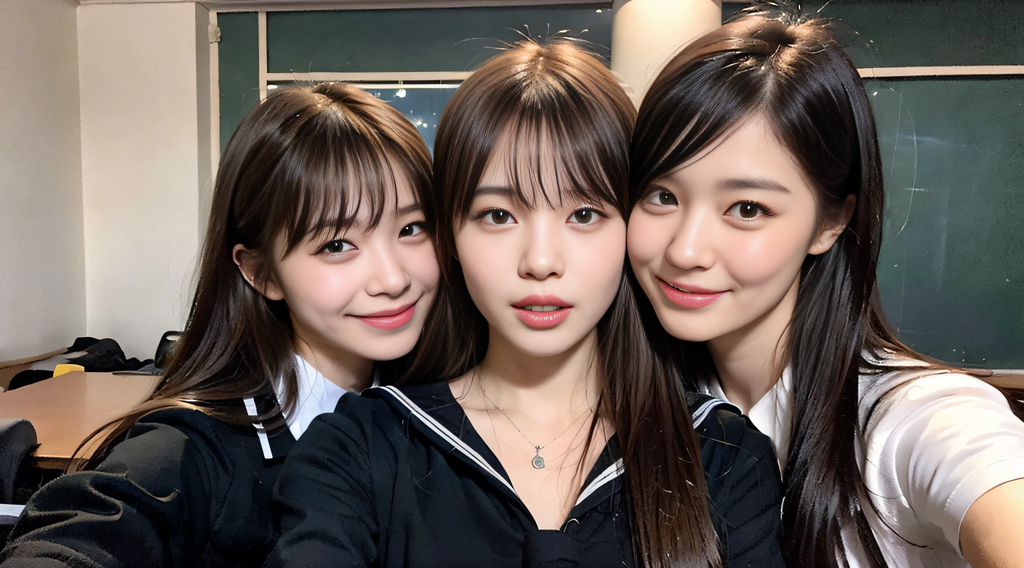 (8ｋ、RAW Photography、Max Quality、Obra-prima:1.2)、An ultra-detailliert、Super Resolution、(Realstic、Real photos:1.37)、(photot-REALISTIC:1.2)、portrait、、high resolution RAW color photos、professional photos、Very Detailed and Beautiful、（I'm looking at this with my tongue out）Mouth open、（Posing to show the armpits）Cute pose、White Skin Skin、Fair-skinned female proofreading、an ultra-high picture quality、8k race wallpaper、astonishing detail、Nogizaka４６((Looks exactly like Mario))、Beautiful girls in very detailed、Faces with different patterns、Having a conversation in a classroom at school、Brown hair shining in the light、I'm wearing a red tie、Heart marks are drawn under the eyes、One has a ponytail、、Modern cute high school girl、highly detailed facesHighly detailed eyes、Very realistic skin、 Very detailed fingers, very detailed nose, very detailed mouth, flawless anatomy, Highly detailed sailor suit、Highly Detailed Background,after school、Smiling school girls are gathered in the hallway of the school。They are in uniform、The blackboard is faintly visible in the background.。Light from bright windows illuminates the classroom、The details of their hair and uniforms shine through.。They enjoy chatting in natural poses.、 famous Japan idol,, White Skin Skin, ,  Long straight hair, (Dull Bangs:1.2),  、Schoolgirl youth　Celebrity-level cuteness　、（Pink Eye Shadow）((Drawing a heart picture under the eyes)) hart、♡