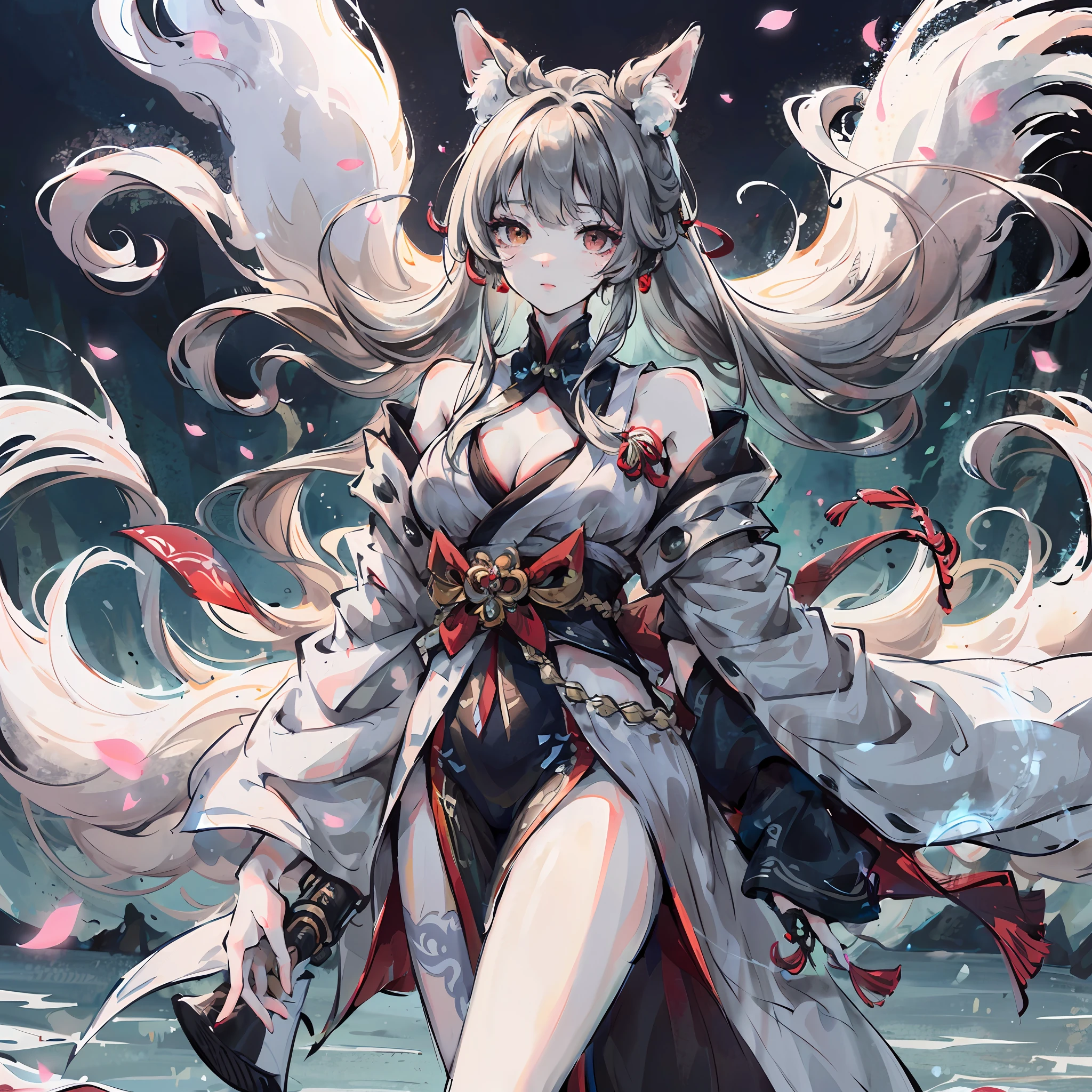 a beautiful and ethereal fox spirit dressed in a flowing white Chinese robe. The image captures the fox spirit standing gracefully on the water's surface, surrounded by white clouds and mist that lend an otherworldly quality to the scene. The fox spirit's long white hair and robes are swept up by the wind, adding movement and fluidity to the image. Use Midjourney's advanced brush tools to create intricate folds and textures in the fox spirit's robes and hair, and experiment with different color palettes and brush strokes to bring out the ethereal quality of the scene. The fox spirit's beauty is further enhanced by the way her image is sometimes obscured by the surrounding mist, giving the scene a sense of mystery and enchantment. With Midjourney's powerful tools, you can bring this captivating and ethereal scene to life with incredible detail and beauty. hdr, (photorealism, masterpiece quality, best quality), , pureerosface_v1,ulzzang-6500-v1.1,