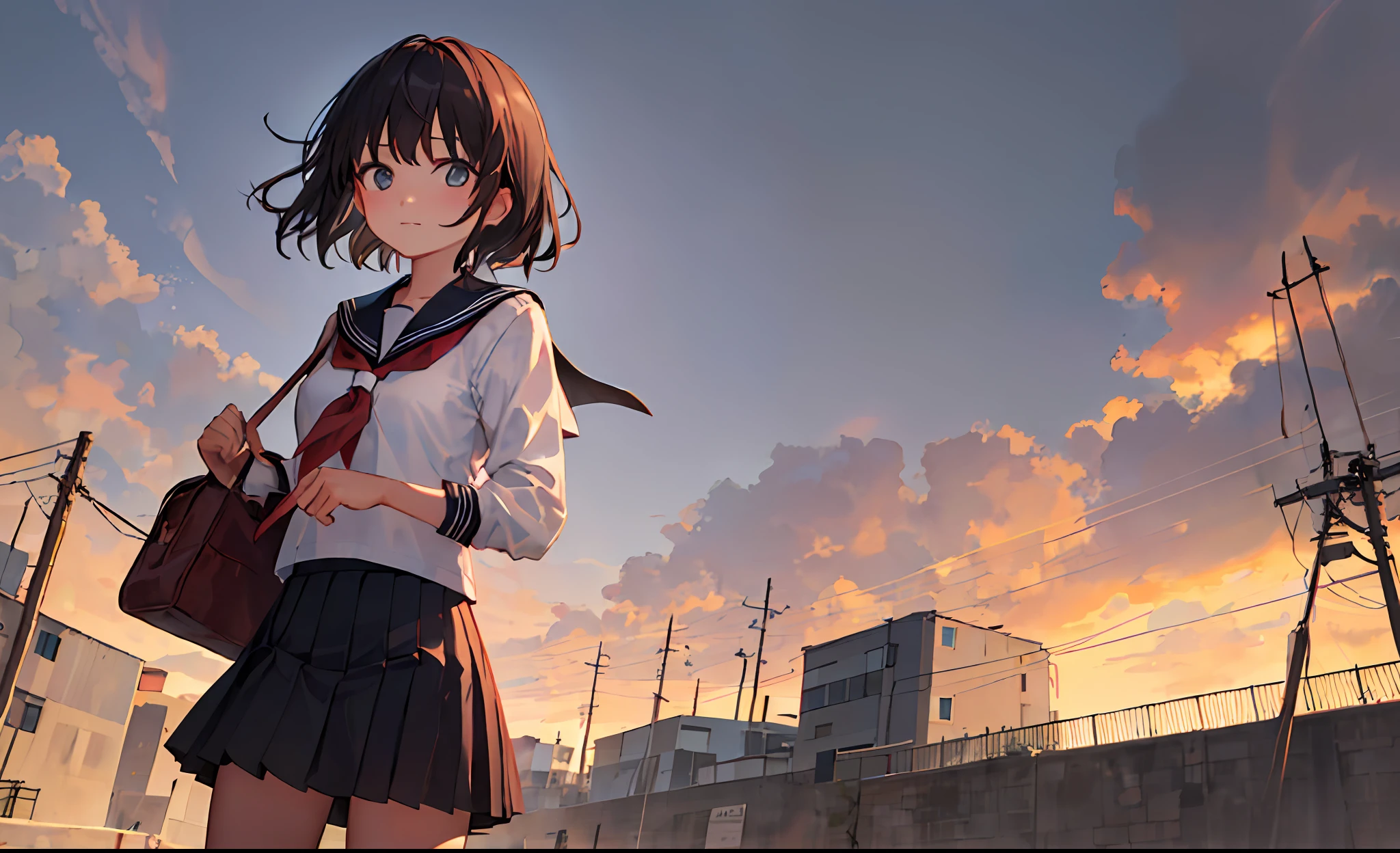 ((masterpiece,best quality)),1girl, from below, solo, school uniform, serafuku, sky, cloud, black hair, skirt, sailor collar, looking at viewer, short hair, building, bangs, neckerchief, long sleeves, cloudy sky, power lines, shirt, cityscape, pleated skirt, scenery, blunt bangs, city, night, black sailor collar, closed mouth, black skirt, medium hair, school bag , holding bag