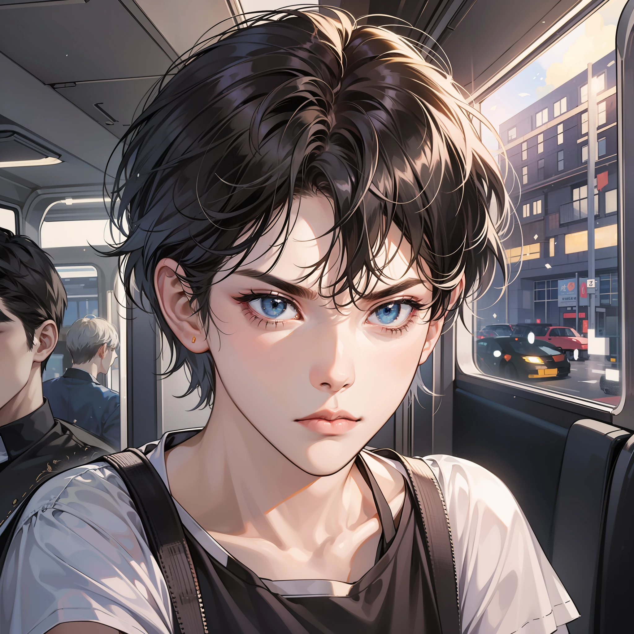 A guy,MasterPiece,highs quality,PhotoRealistic,Black Short Hair,blueeyes,black tee,Frown,angry,leaningforward,It was full of passengers,On the bus