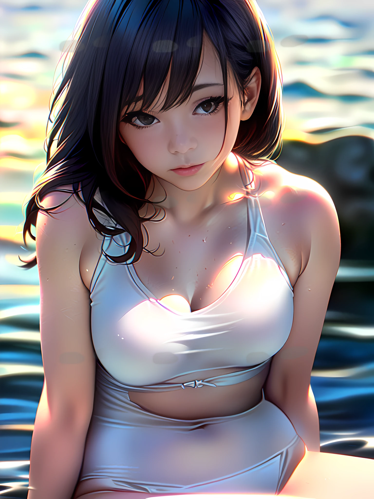 there is a woman in a white  sitting in the water, seductive anime girl, ilya kuvshinov. 4 k, digital art ilya kuvshinov, smooth anime cg art, photorealistic anime girl render, anime. soft lighting, [ 4 k digital art ]!!, digital anime art, beautiful anime girl, realistic anime 3 d style