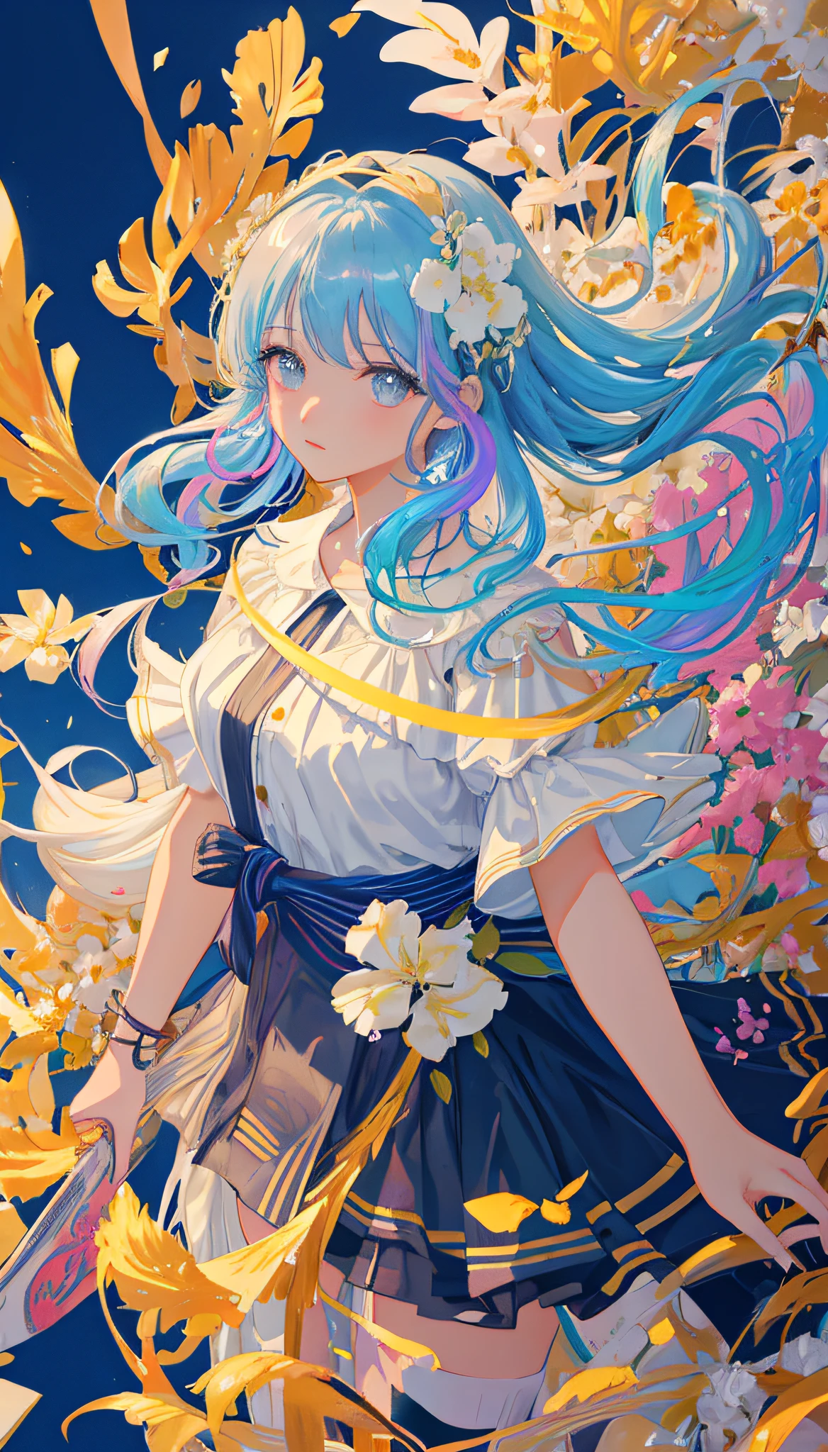 (masterpiece), (best quality), (ultra detailed),(disheveled hair),(illustration), (1girl), (Fashionable clothing), standing, Fashion model, looking at viewer, (interview), (simple background),beautiful detailed eyes, delicate beautiful face, Floating,(high saturation),(colorful splashes),colorful bubble,(shining), focus on face, kamisato ayaka, light blue hair, bangs, hair ring, floating flowers, floating hairs.Girl, anime waifu, looking at viewer, highlydetailed, reflections transparent iridescent colors, long transparent iridescent RGB hair, artby Serafleur from artstation, thick acrylic,illustration on pixiv, waist up portrait, gorgeoussacred girl, best quality, ultra detailed,sad,clever,beautiful face , beautiful lighton black background, Character stvle renderedby Octane,