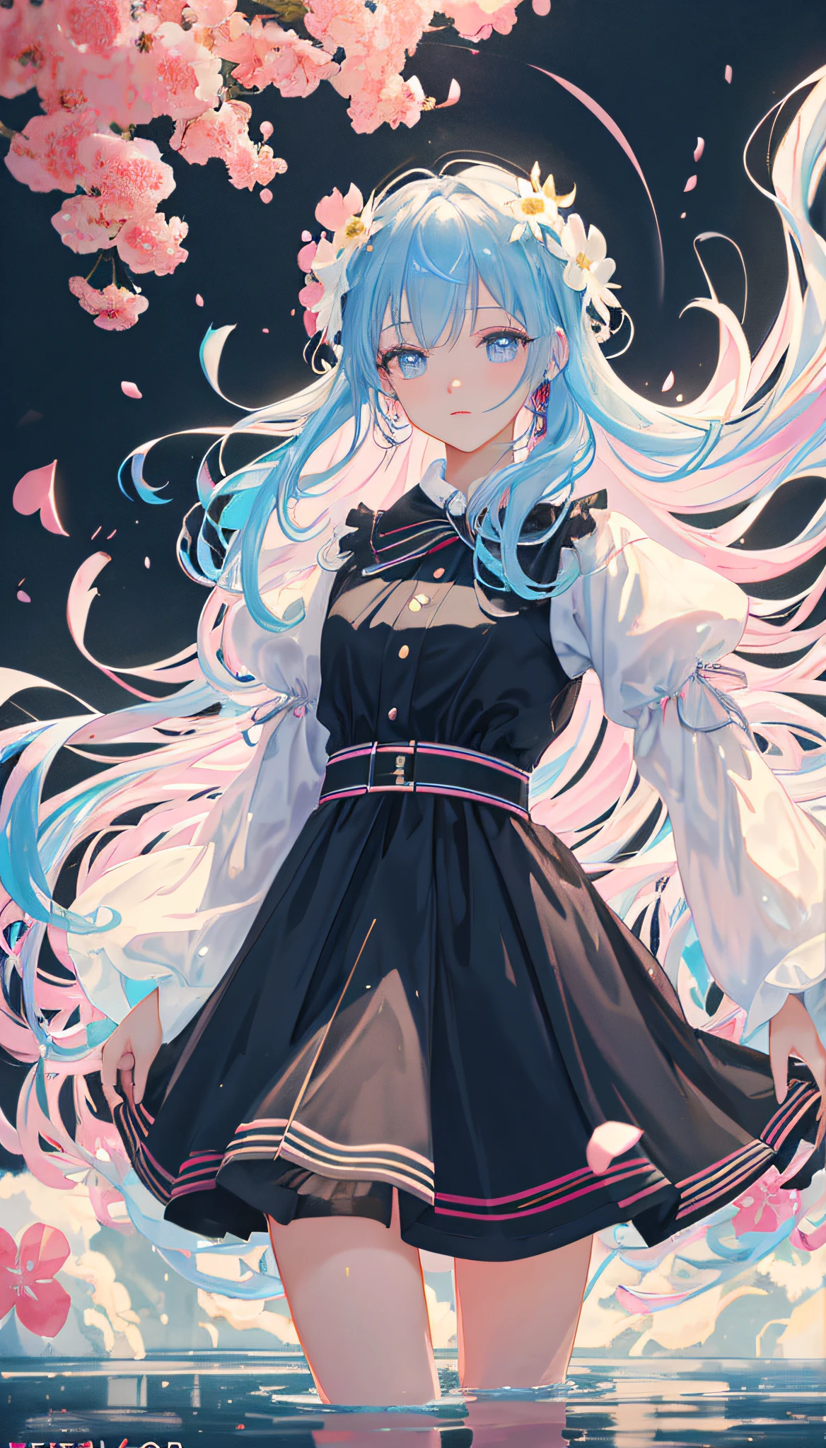 (masterpiece), (best quality), (ultra detailed),(disheveled hair),(illustration), (1girl), (Fashionable clothing), standing, Fashion model, looking at viewer, (interview), (simple background),beautiful detailed eyes, delicate beautiful face, Floating,(high saturation),(colorful splashes),colorful bubble,(shining), focus on face, kamisato ayaka, light blue hair, bangs, hair ring, floating flowers, floating hairs.Girl, anime waifu, looking at viewer, highlydetailed, reflections transparent iridescent colors, long transparent iridescent RGB hair, artby Serafleur from artstation, thick acrylic,illustration on pixiv, waist up portrait, gorgeoussacred girl, best quality, ultra detailed,sad,clever,beautiful face , beautiful lighton black background, Character stvle renderedby Octane,