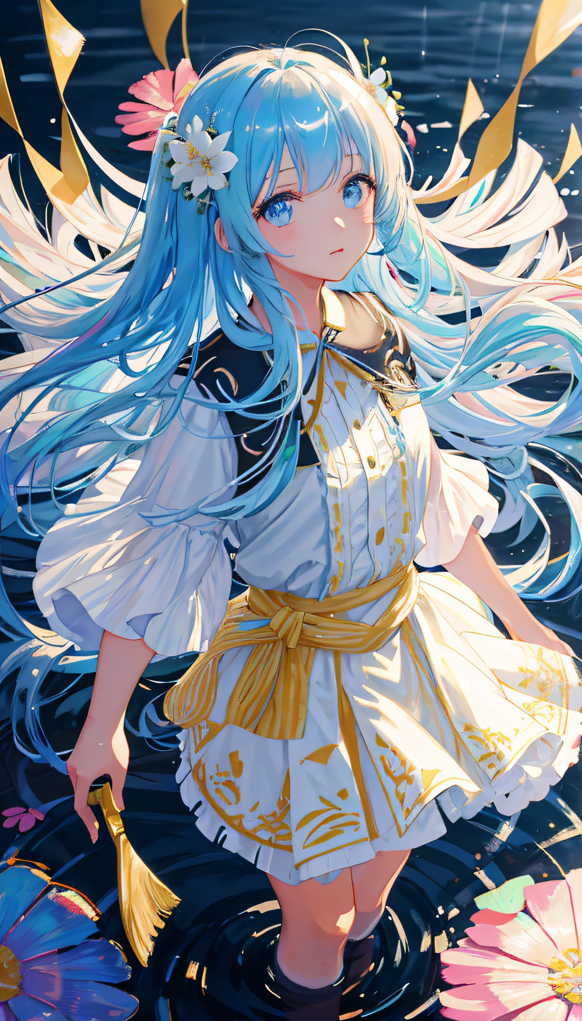 (masterpiece), (best quality), (ultra detailed),(disheveled hair),(illustration), (1girl), (Fashionable clothing), standing, Fashion model, looking at viewer, (interview), (simple background),beautiful detailed eyes, delicate beautiful face, Floating,(high saturation),(colorful splashes),colorful bubble,(shining), focus on face,  kamisato ayaka, light blue hair, bangs, hair ring, floating flowers, floating hairs.Girl, anime waifu, looking at viewer, highlydetailed, reflections transparent iridescent colors, long transparent iridescent RGB hair, artby Serafleur from artstation, thick acrylic，illustration on pixiv, waist up portrait, gorgeoussacred girl, best quality, ultra detailed,sad,clever,beautiful face , beautiful lighton black background, Character stvle renderedby Octane,