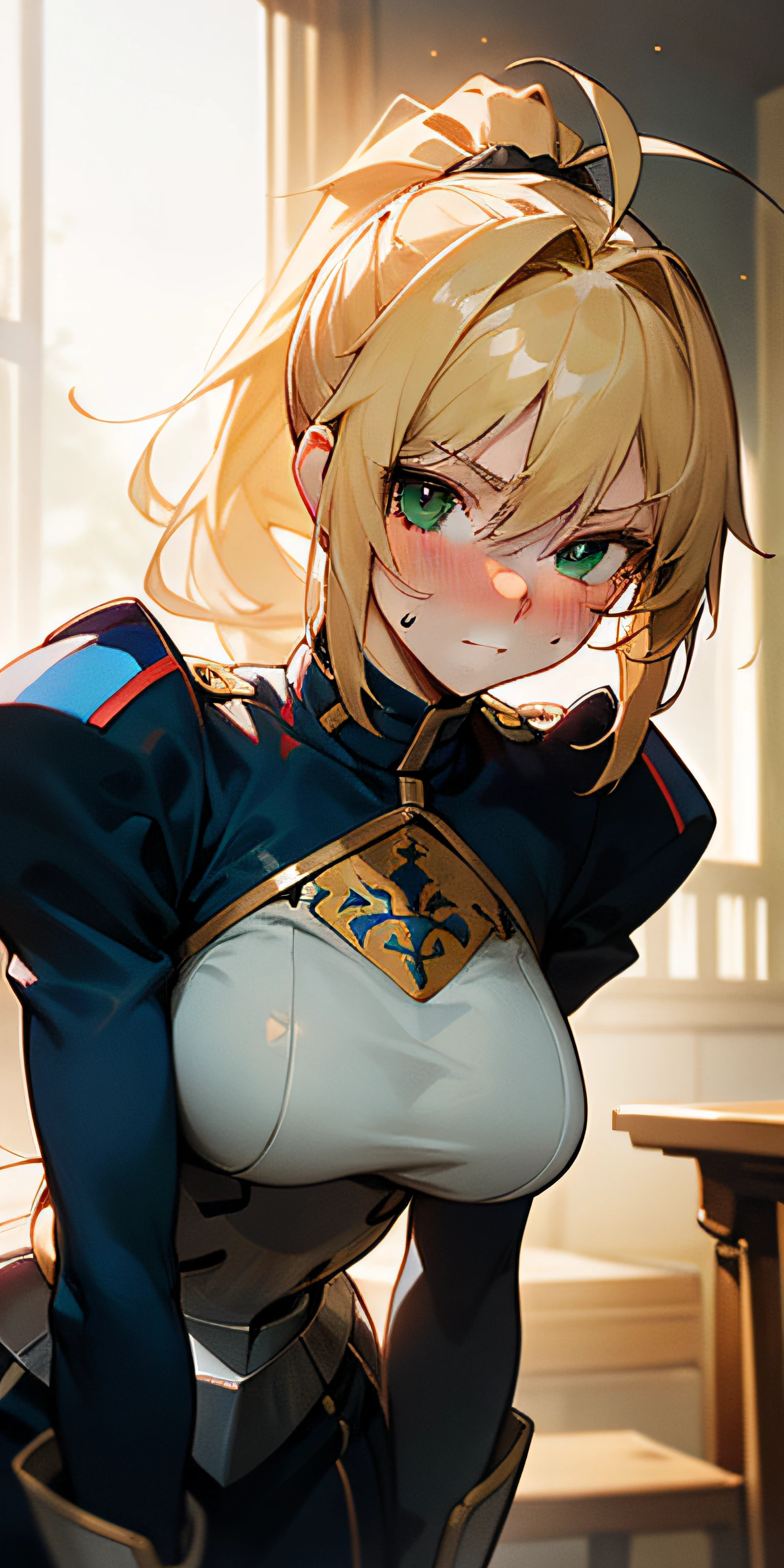 Artoria Pendragon \ (Destiny\), masterpiece, best quality, high resolution, super detailed, art book, anime coloring, CG, illustration, fantasy, 1 girl, solo, male focus, looking at the audience, attoria pendragon \ (destiny), armor, detailed beautiful face and eyes with body leaning forward, back perspective, mild sunlight ,warm environment, capable slender figure, big breasts ,dexterous dynamic masterpiece, best quality, high resolution, super detailed, 1 girl, solo, blonde, sideburns, ponytail, ahoge, green eyes, portrait, standing, looking at the audience, sweat, blushing, campus