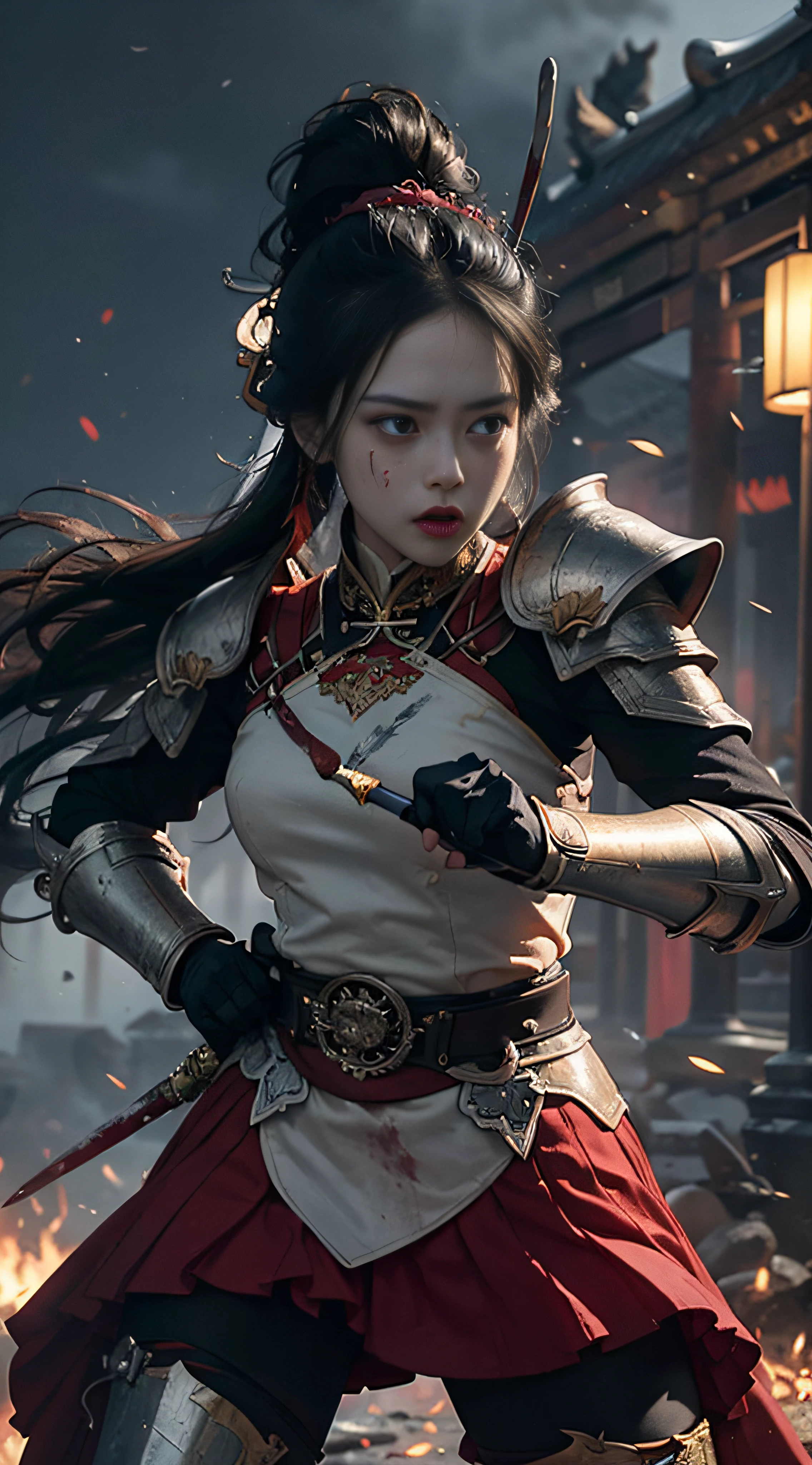 (Positive Focus), (In the Dark: 1), (Best Quality), Movie Poster, Highly Detailed, 8k Wallpaper, Volume Lighting, Dynamic Lighting, A Girl, Long Black Hair, Ponytail, Black Metal Armor, Red Belt, Black Armor, Shoulder Armor, Waist Guard, Hand Guard, Veil, Holding a Long Sword in front of Body, Ancient Chinese Style, Battle Stance, Lots of Blood, Blood Stains on Face, Clothes Damaged, Ancient Chinese Battlefield, Ancient Chinese Soldiers, Arrows Flying, War, Night, Dramatic Composition, Sword qi surrounding, rich picture detail, war, movie lighting,