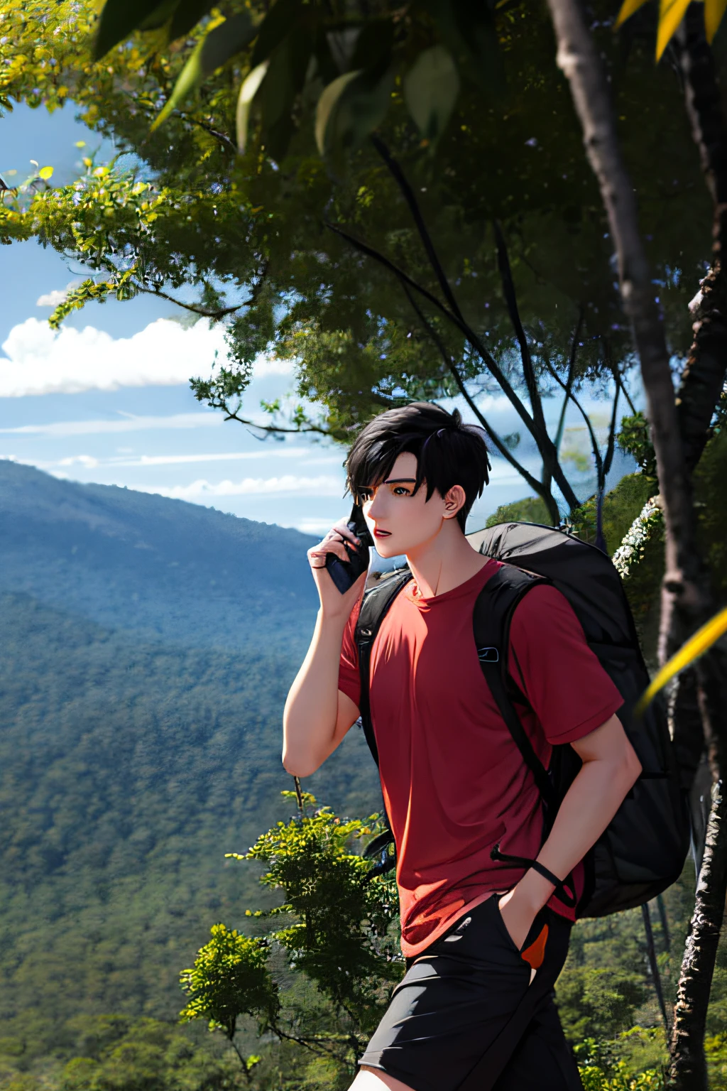 1 An 18-year-old boy with short black hair and gray outdoor sportswear was walking on a jungle mountain path and making phone calls