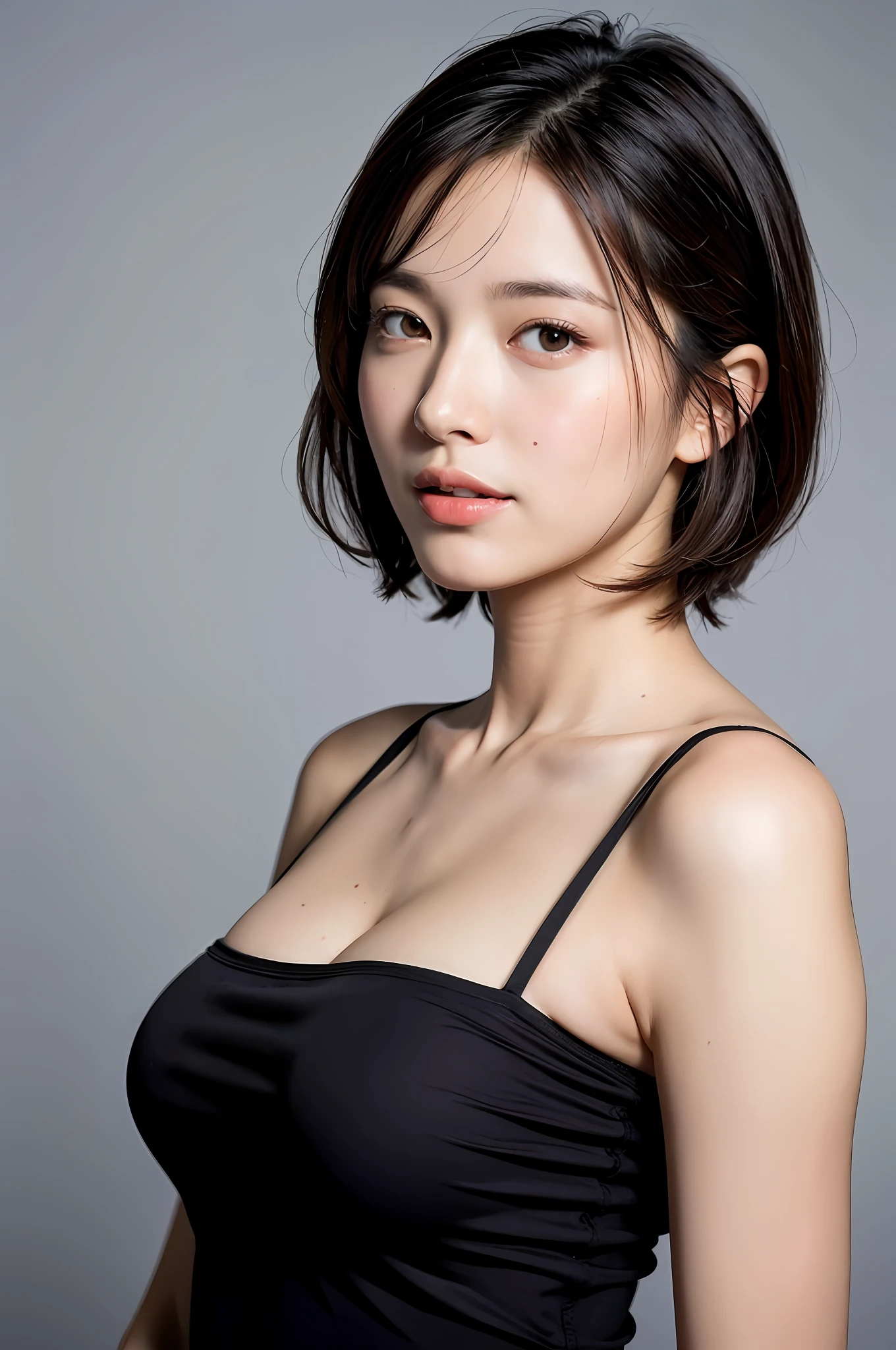 Top quality, master masterpiece, high resolution, 1girl, beautiful and perfect face, bob layer cut, simple and tight mini dress, intricate details, cinematic feel, 8K, very detailed, huge, whole body, hands on your own chest, averting gaze, sideways, side shot, smile, shy, squatting, well-shaped buttocks,