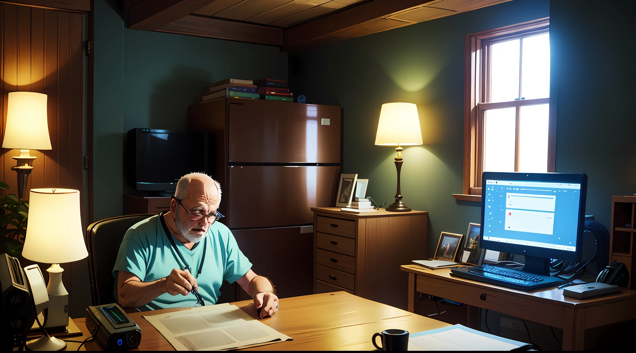 A 40-year-old nerdy man is programming on a computer in a room full of gadgets, by Makoto Shinkai and Ghibli Studio, dramatic lighting, highly detailed, incredible quality