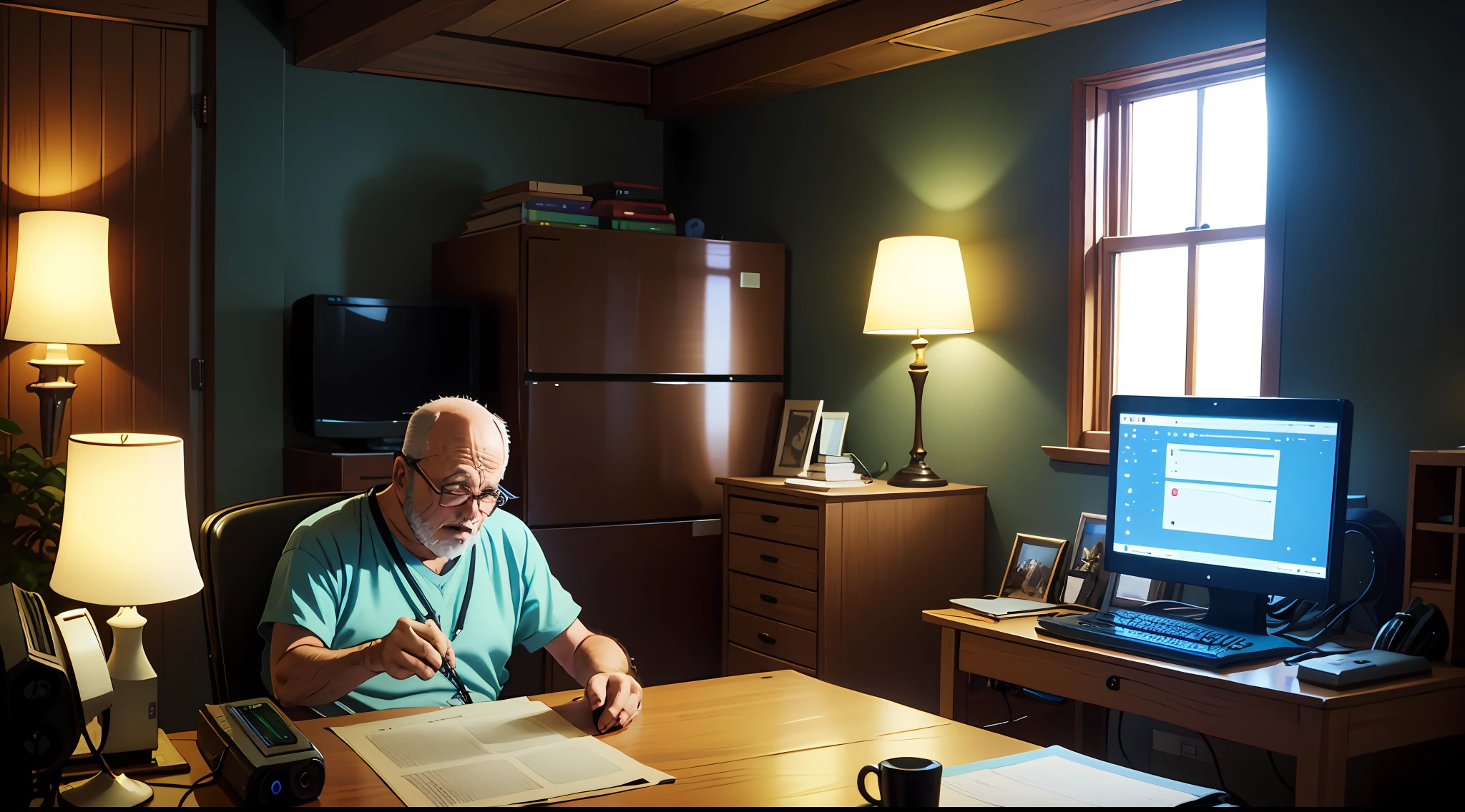 A 40-year-old nerdy man is programming on a computer in a room full of gadgets, by Makoto Shinkai and Ghibli Studio, dramatic lighting, highly detailed, incredible quality