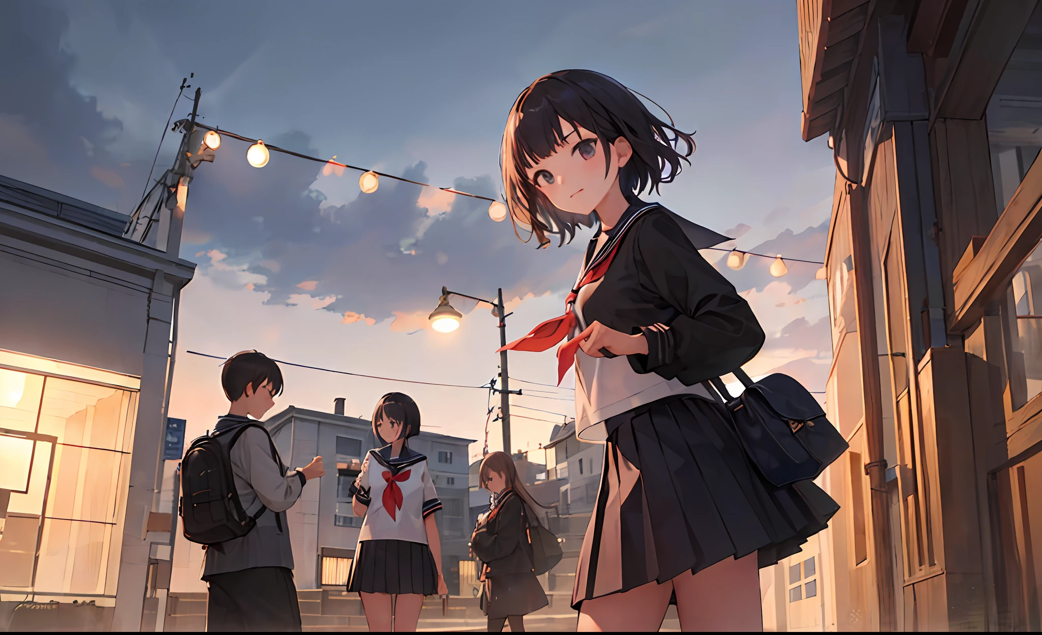 ((masterpiece,best quality)),1girl, from below, solo, school uniform, serafuku, sky, cloud, black hair, skirt, sailor collar, looking at viewer, short hair, building, bangs, neckerchief, long sleeves, cloudy sky, power lines, shirt, cityscape, pleated skirt, scenery, blunt bangs, city, night, black sailor collar, closed mouth, black skirt, medium hair, school bag , holding bag