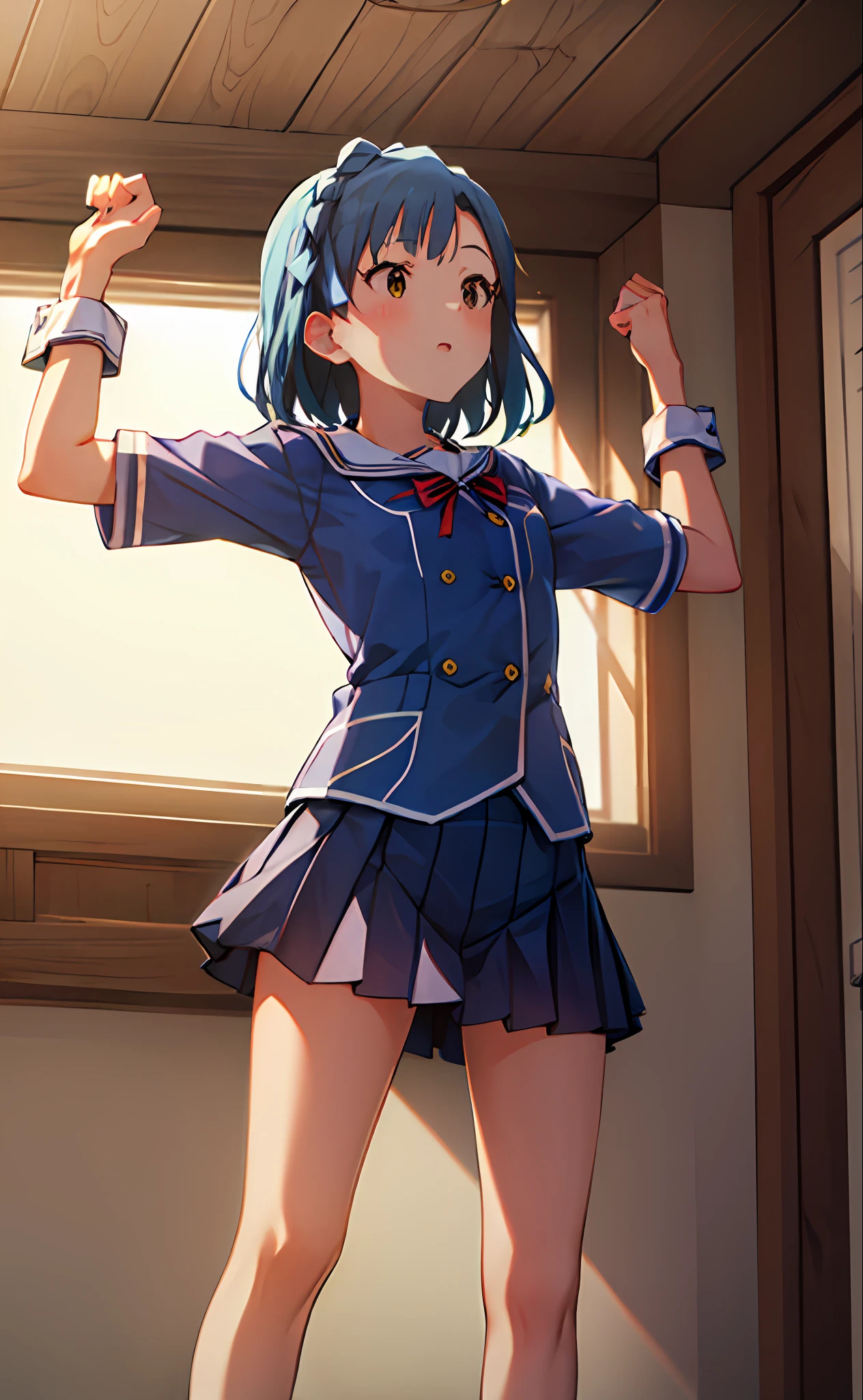Yuriko Nanao (Million Live), (Top Quality, 8K, Masterpiece, Super Detail: 1.2), Cinematic Angle,
Wide Shot, One Girl, Solo, Skirt, Watch Audience, Sailor Color, Pleated Skirt, Short Sleeve, School Uniform, Blush, Serafuk, Clavicle, Ribbon, Upper Body, Adjusted Hair, Wind, Floating Hair, Spread Your Arms, Chest Up, Clench Your Fists, Sunset, Evening.Room.