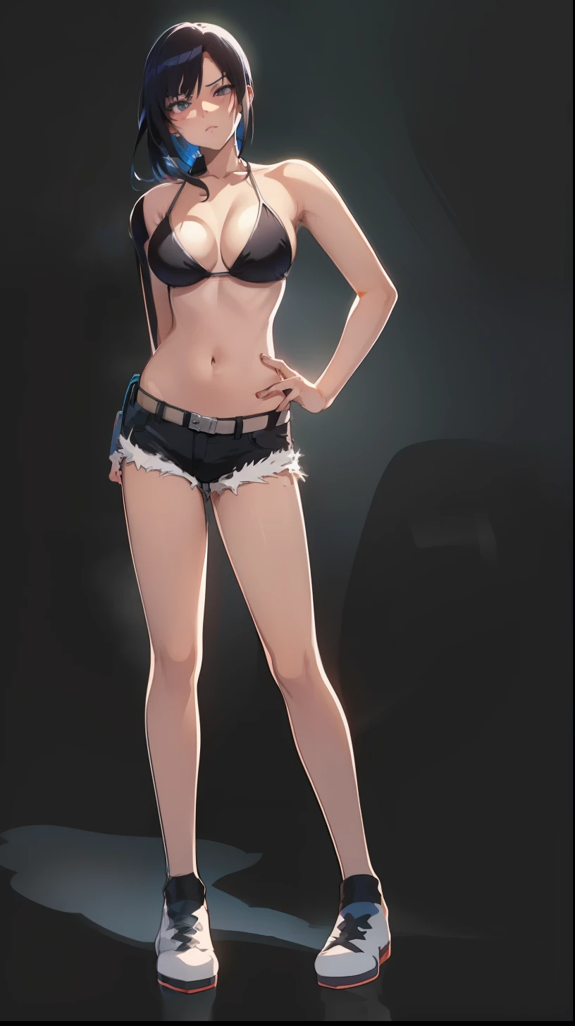 Cartoon of a woman in a bikini top and shorts with a purse, of frontline girls, front line style girls, fine details. front line girls, thigh focus, seductive anime girl, revealing outfit, moody scene noire, ecchi anime style, cell shaded adult animation, SFW Version, (sfw) safe for work, Varied positions, big breasts, black hair