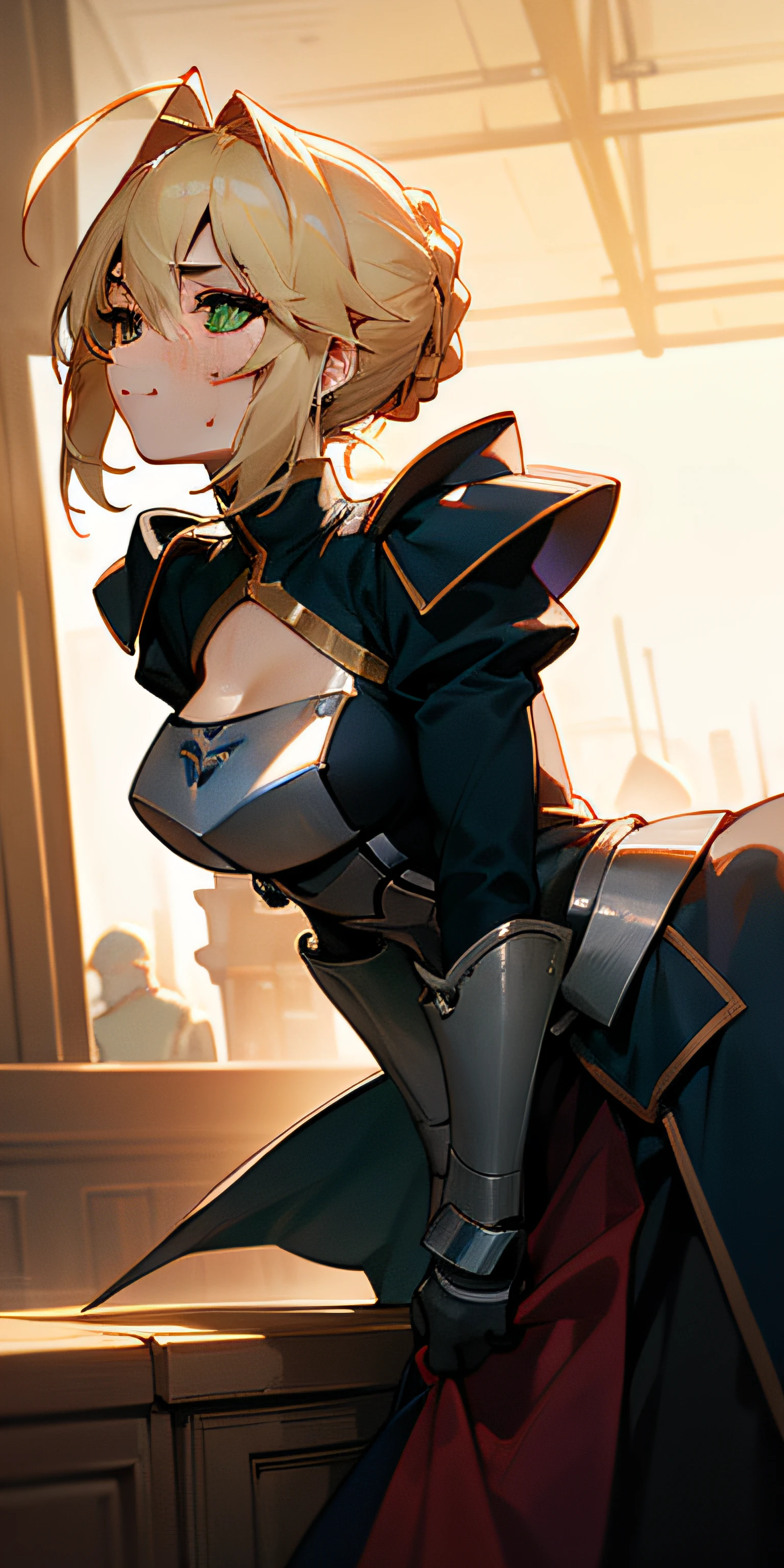 Artoria Pendragon (Destiny), masterpiece, best quality, high resolution, super detailed, art book, anime coloring, CG, illustration, fantasy, 1 girl, solo, blood, male focus, looking at the audience, attoria pendragon \ (destiny), armor, detailed beautiful face and eyes with body leaning forward, back perspective, mild sunlight ,warm environment, capable slender figure, big breasts ,dexterous dynamic masterpiece, best quality, high resolution, super detailed, 1 girl, solo, sideburns, ahoge, green eyes, portrait, standing, looking at the audience, sweat, blushing, campus