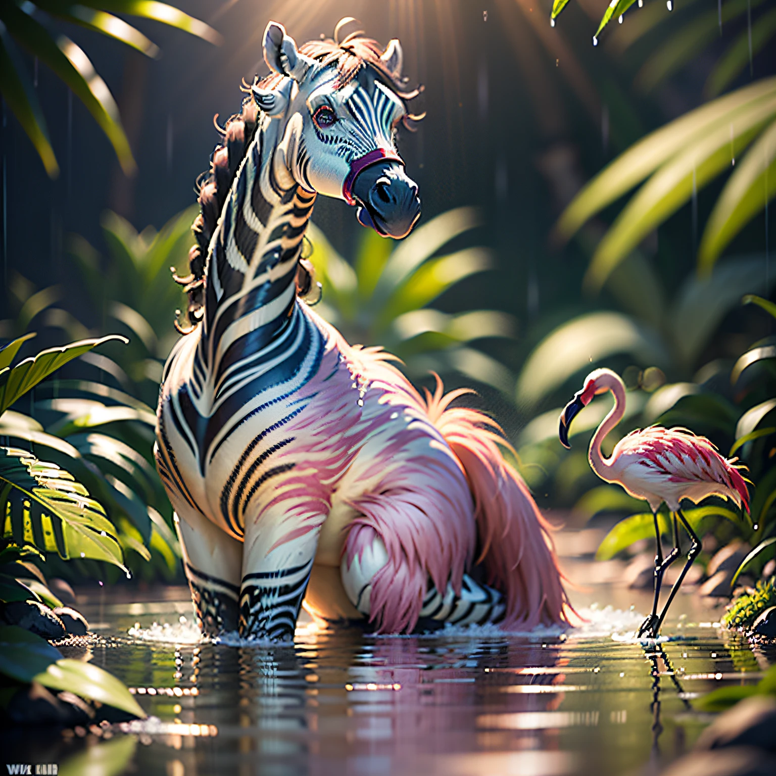 ((best quality)),((masterpiece)), hyper realistic illustration, (((ultra detailed)),, Scene structure: Enchanted forest: Winged zebras and flamingos dancing Hawaiian. Dense tropical forest. Wet rain. Beautiful sunset falling, movie light, cinematic, intricate details. Foliage rich in detail by Pixar, Walt Disney,, award-winning work, chromatic, 16K, motion blur, cinematic lighting, depth of field, reflection light, god rays, glowing light, blending, drop shadow, masterpiece