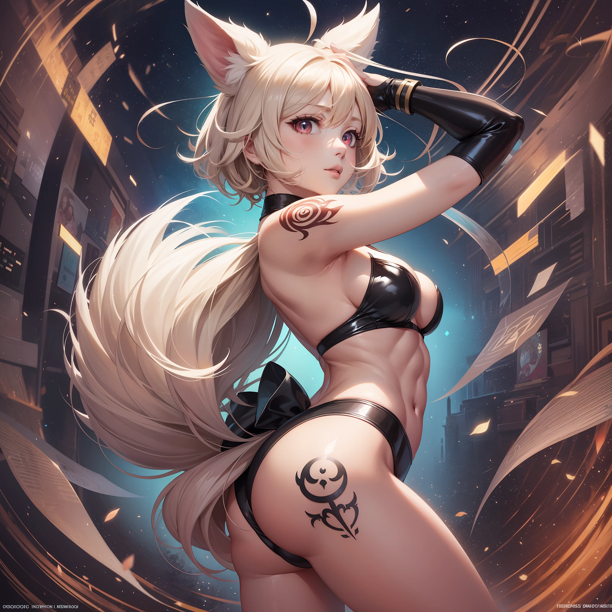 Looking back, very cute girl, white rabbit girl cosplay, big round fluffy tail, tattoos, light brown wavy short hair, shining red big eyes, ABS, amazing proportions, full body shot, background kaleidoscope, anime, illustration, fantasia, portrait, animation, high resolution, top quality, ultra high quality, super detail, ultra realistic, Photorealistic