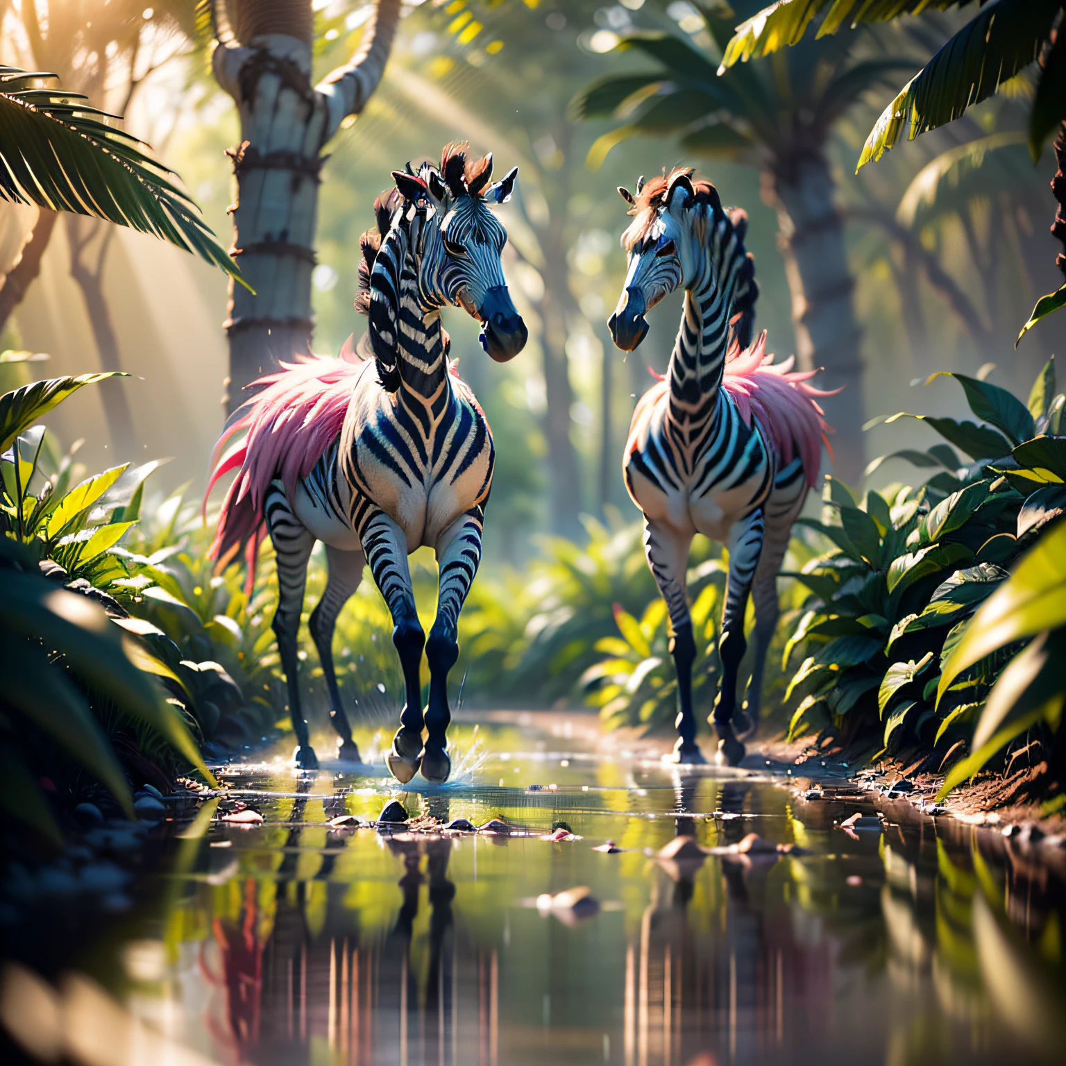 ((best quality)),((masterpiece)), hyper realistic illustration, (((ultra detailed)),, Scene structure: Enchanted forest: Winged zebras and flamingos dancing Hawaiian. Dense tropical forest. Wet rain. Beautiful sunset falling, movie light, cinematic, intricate details. Foliage rich in detail by Pixar, Walt Disney,, award-winning work, chromatic, 16K, motion blur, cinematic lighting, depth of field, reflection light, god rays, glowing light, blending, drop shadow, masterpiece