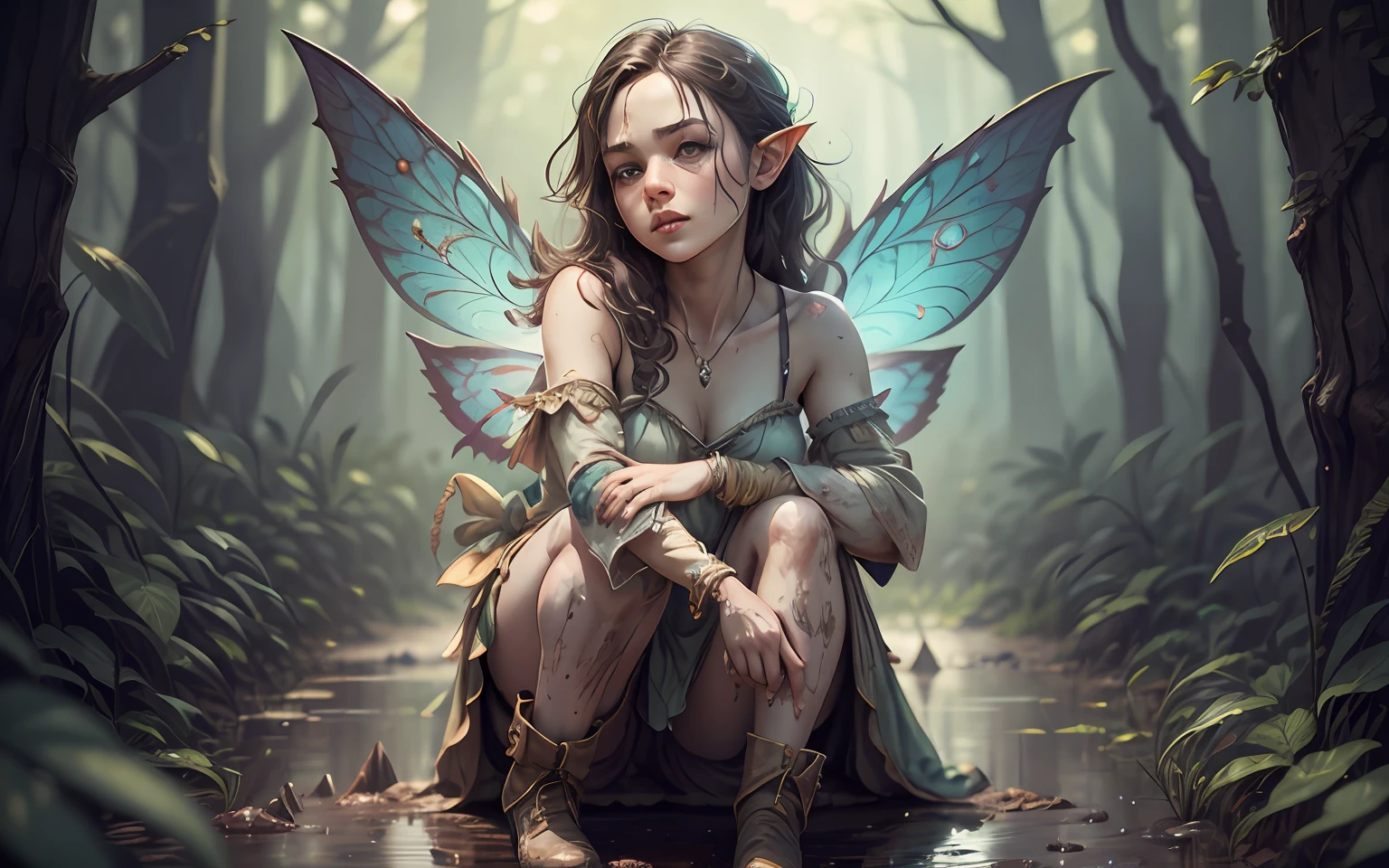 fairy grin,intricate details,pretty,natural skin texture, hyper realism,extremely detailed,elegant,8k resolution,faded,minimal palette color, realistic render,on knees,tomboy,mud,mud color