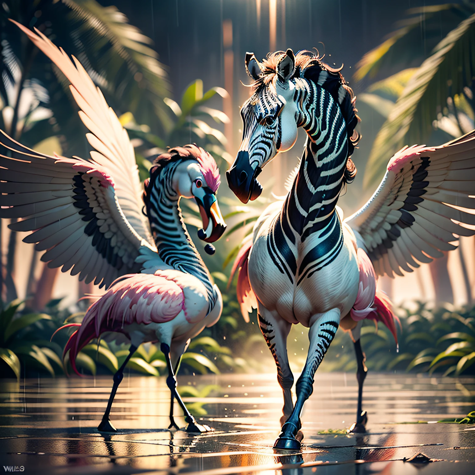 ((best quality)),((masterpiece)), hyper realistic illustration, (((ultra detailed)),, Scene structure: Enchanted forest: Winged zebras and flamingos dancing Hawaiian. Dense tropical forest. Wet rain. Beautiful sunset falling, movie light, cinematic, intricate details. Foliage rich in detail by Pixar, Walt Disney,, award-winning work, chromatic, 16K, motion blur, cinematic lighting, depth of field, reflection light, god rays, glowing light, blending, drop shadow, masterpiece
