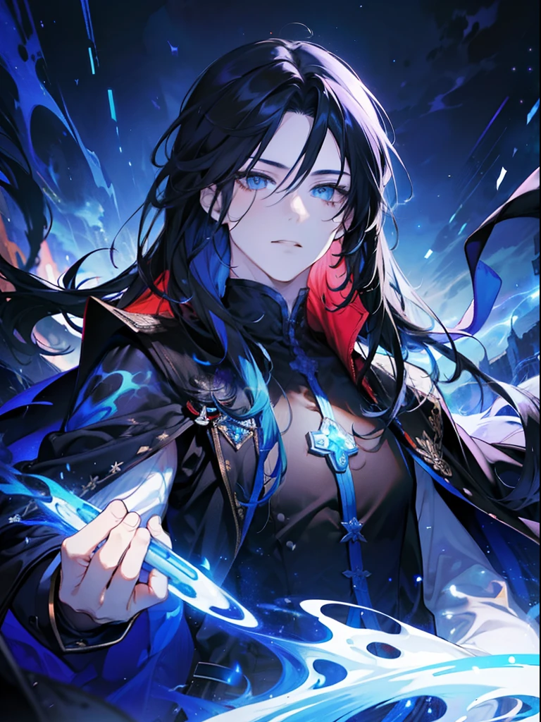 A boy, handsome, fair-skinned, resolute eyes, flowing long black hair, blue eyes, powerful, black dress, ancient style, streamer surrounding, 8k, thunder, flame, colorful light, starry sky, cracked, milky way, whole body
