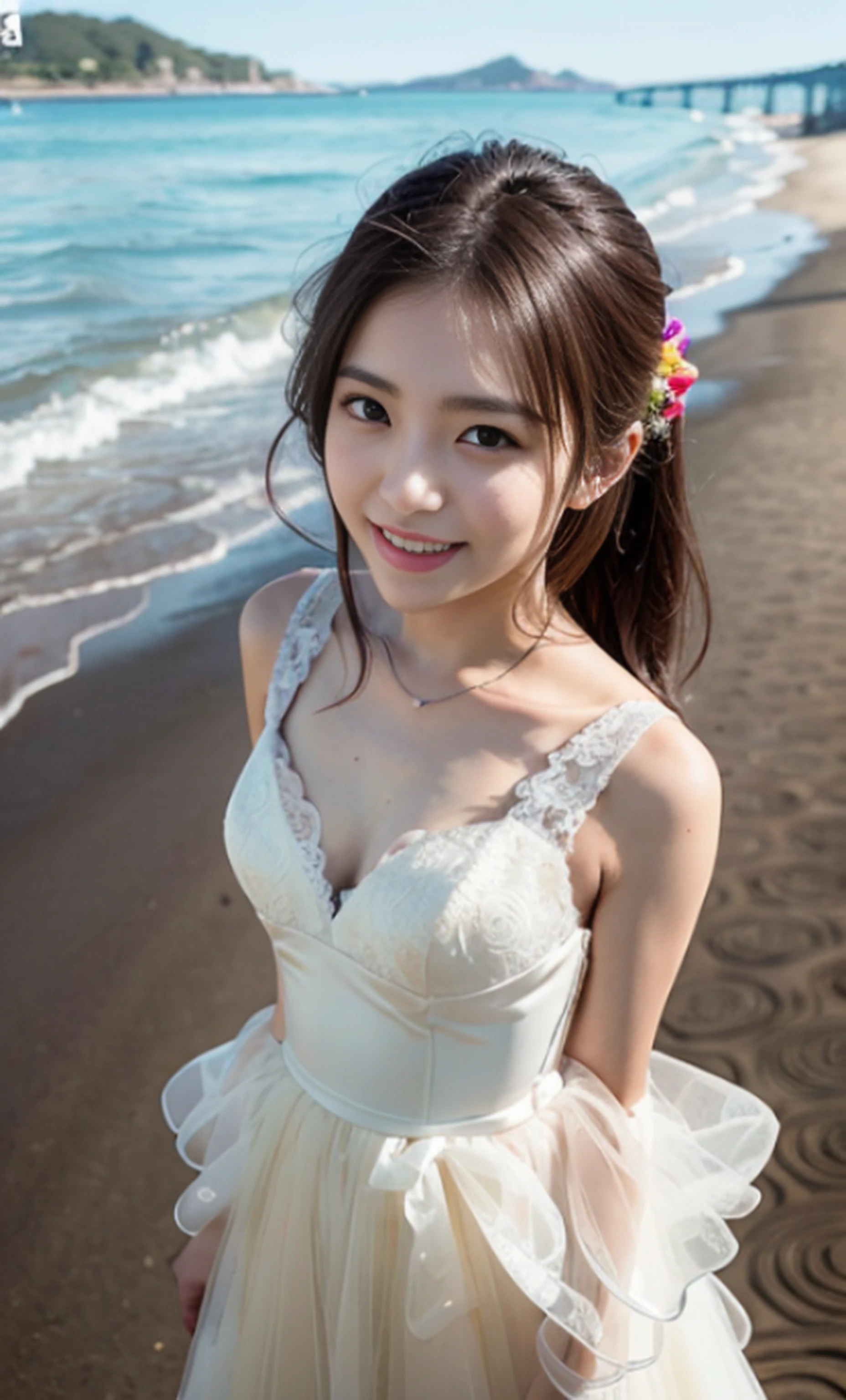 Full body, thigh gap, ((AKB 48)), (((lens flare)), ((constricted waist)), (smiling)),((19 years old),(((Small bust)))))), ((Colorful lace wedding dress))))), (skin feeling)))), (Photorealism: 6, realistic)))), perfect lower body shape, bare buttocks, side ponytail, braids, pale skin, viewer watch, beach, coastline, wind, wave, 8K UHD, DSLR, soft lighting, high quality, highest quality, ultra high resolution, (photorealistic: 1.4),