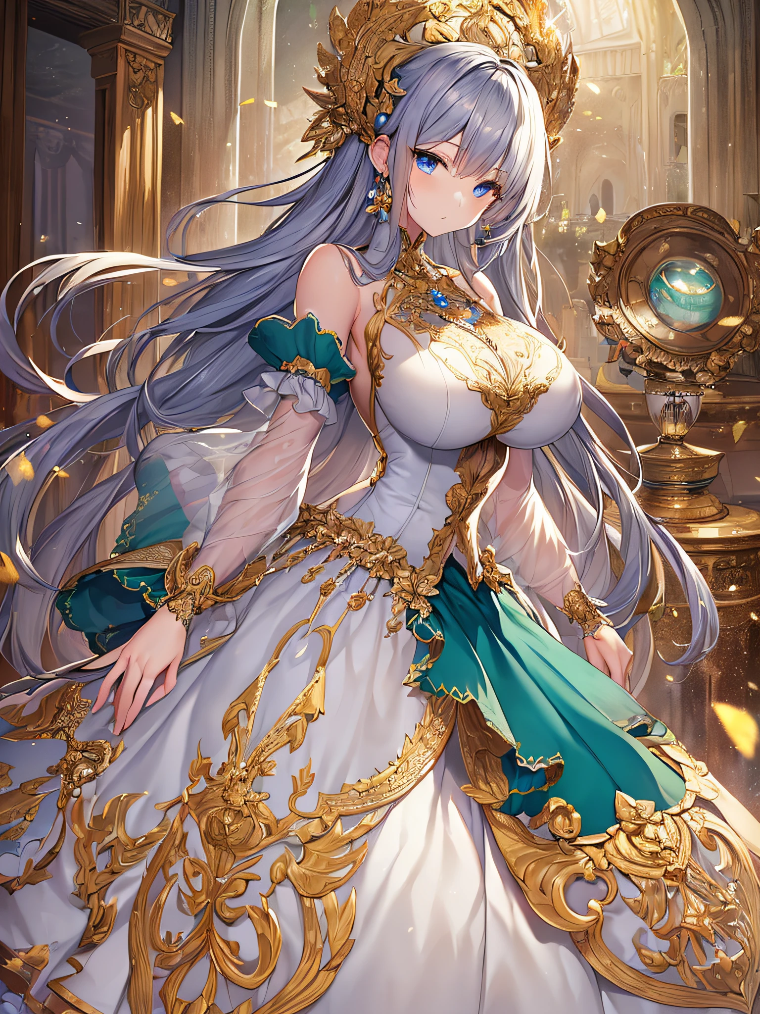 ((anime moe artstyle)),(Masterpiece),(Best Quality), (Super Detail),Illustration,((Very Delicate and Beautiful)),Focus on character,Dynamic Angle,Looking at viewer,((Solo)),standing,(((full body))),(((one gorgeous princess in ballgown with voluminous skirt))),detailed face and eyes,jewel-like eyes,((Very Long Hair)),(gorgeous embroidery and lace),See-through,ornate ruffles,(gigantic breasts,Long breasts),(gorgeous ballgown with voluminous skirt),