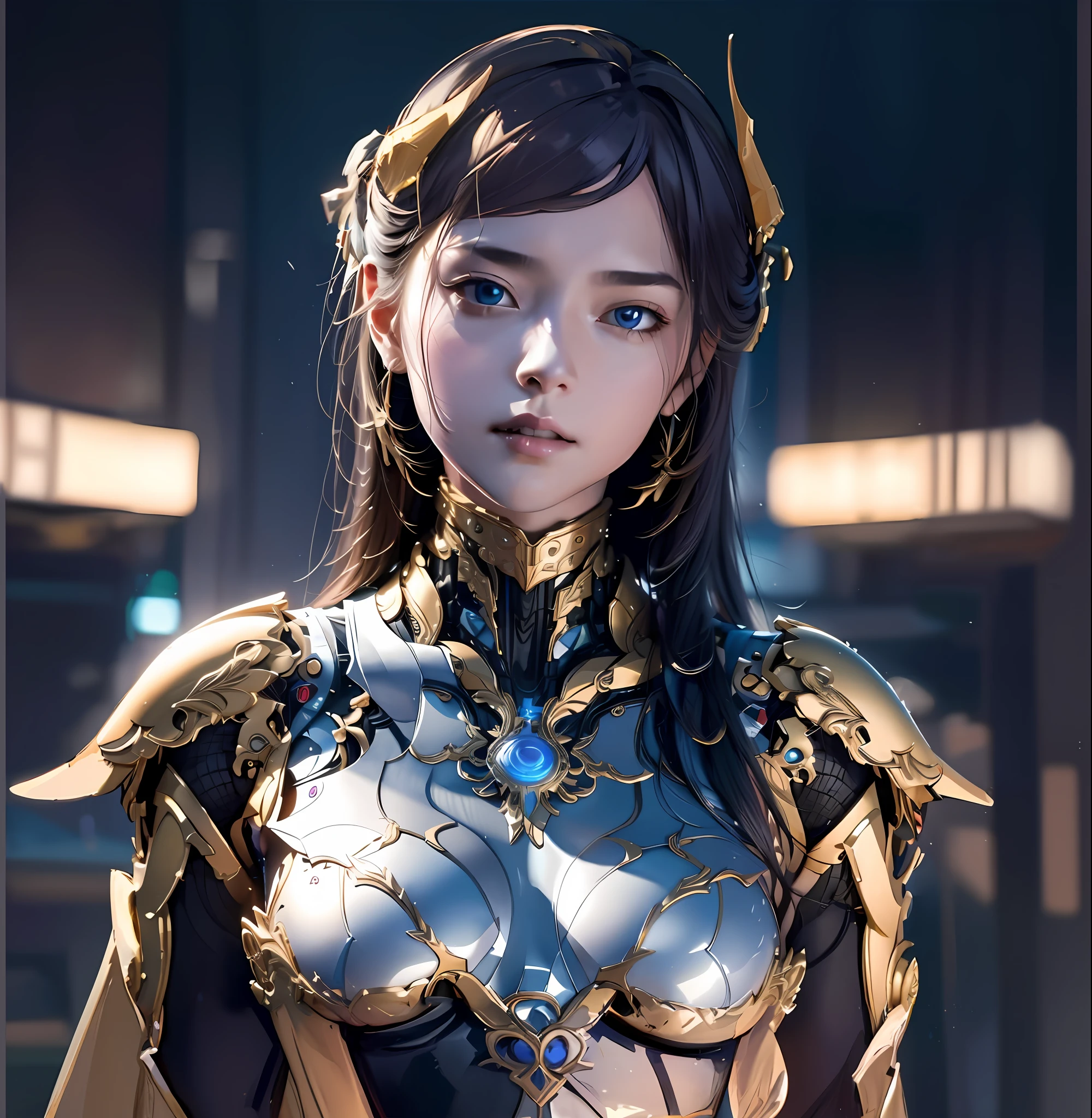 a close up of a woman in a costume with a gold and blue design, portrait knights of zodiac girl, cgsociety and fenghua zhong, a beautiful fantasy empress, porcelain cyborg armor, hyperdetailed fantasy character, ornate cosplay, stunning armor, perfect anime cyborg woman, cyborg noble woman, armor girl, beautiful cyborg priestess, by Yang J