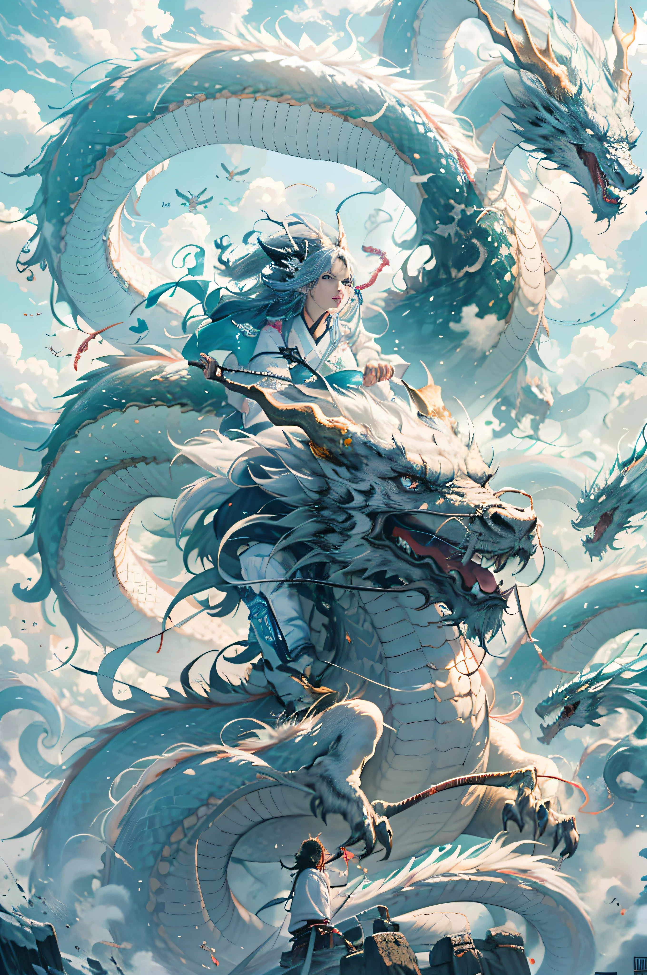 Dynamic lighting, art station, poster, volumetric lighting, very detailed faces, 4k wallpapers, award-winning, (((1 boy))), long hair flowing, dynamic perspective, white Hanfu, white gauze flying, red belt, traditional Chinese ink painting, surrounded by clouds and mist, riding a white dragon, stroking the dragon head, white dragon horns, dynamic perspective, movie lighting,