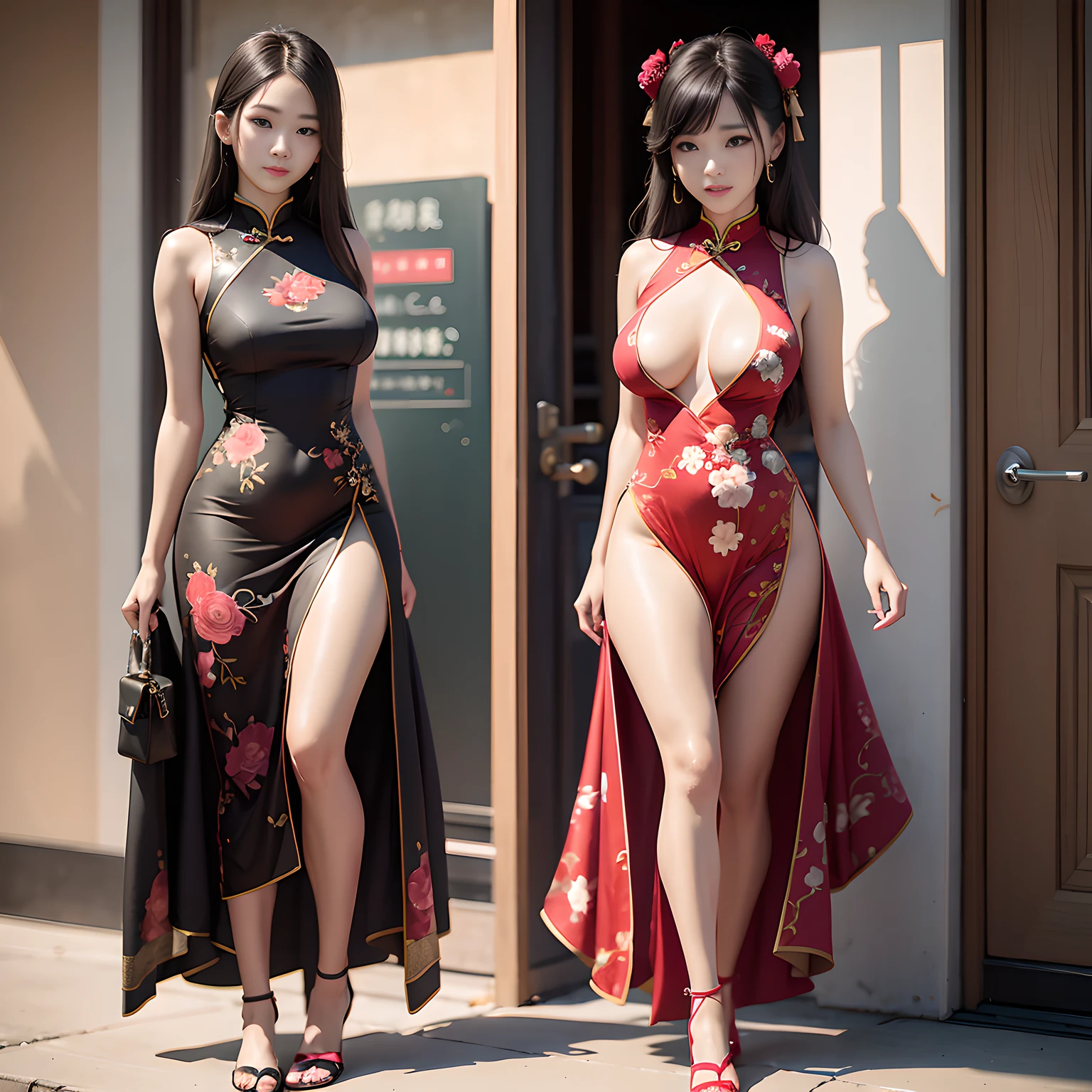 Inspired by WLOP, Ross Tran and sakimichan, two Chinese Asian women walk along the sidewalk, incorporating elements of Wang Duo and CGSTATION pop to showcase WLOP and Sakimichan's artistic style, adding influences from Ayaki Kojima and Ryder Caldwell. The background uses Sakimichan HDRI technology, showing the charm of Chinese clothing and the beauty of porcelain Japanese mannequins. "