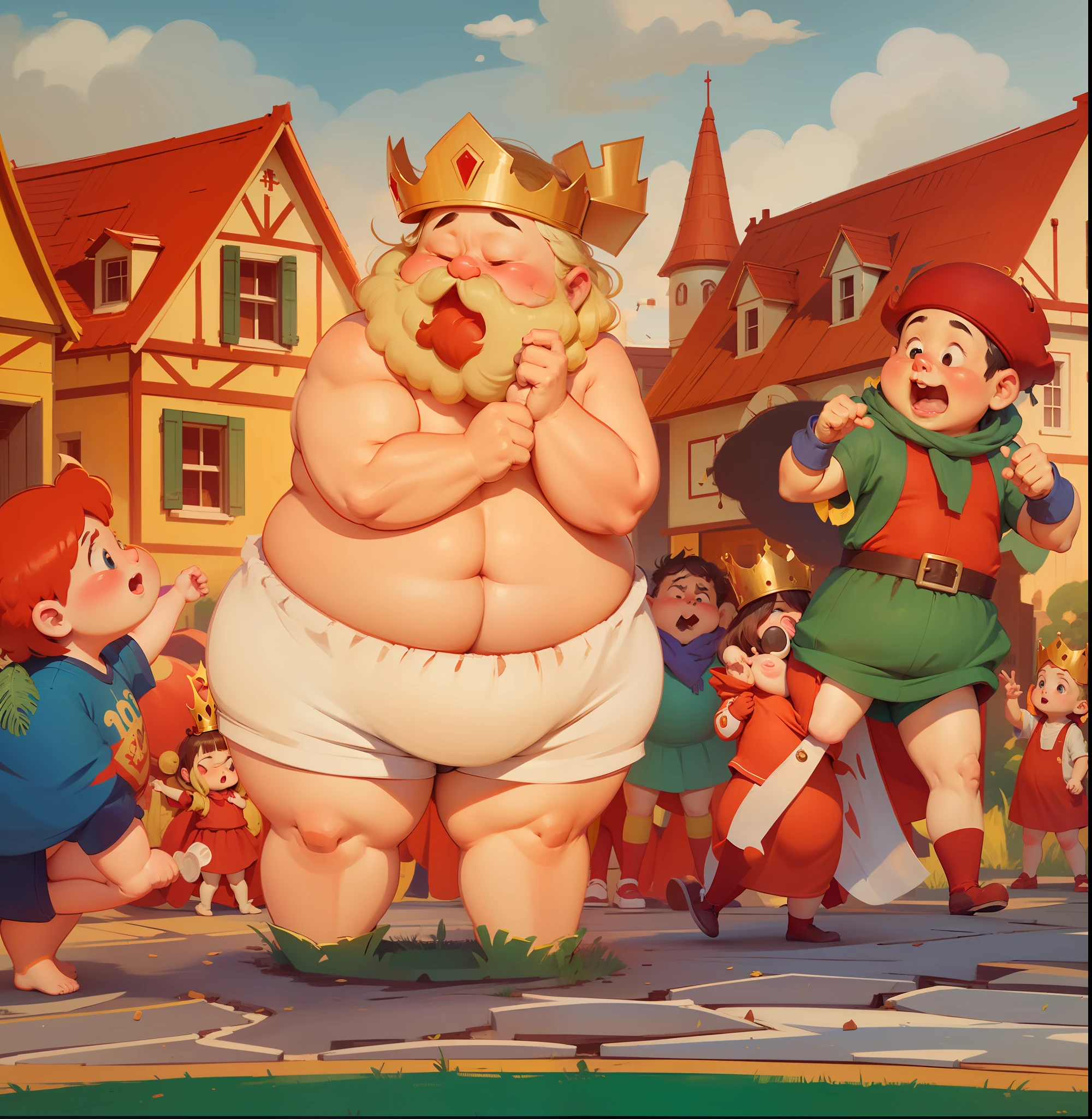 Fat man with a crown, naked, wearing white panties, red house, two children