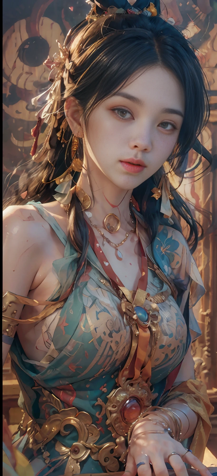 (RAW photo, best quality), (realistic, photo-realistic:1.3),best quality,highly detailed,masterpiece,ultra-detailed,illustration,1girl,upper_body,dynamic angle,world masterpiece theater,messy_long_hair,best quality,extremely detailed CG unity 8k wallpaper,ink,Amazing,cinematic lighting,lens_flare, dunhuang_style