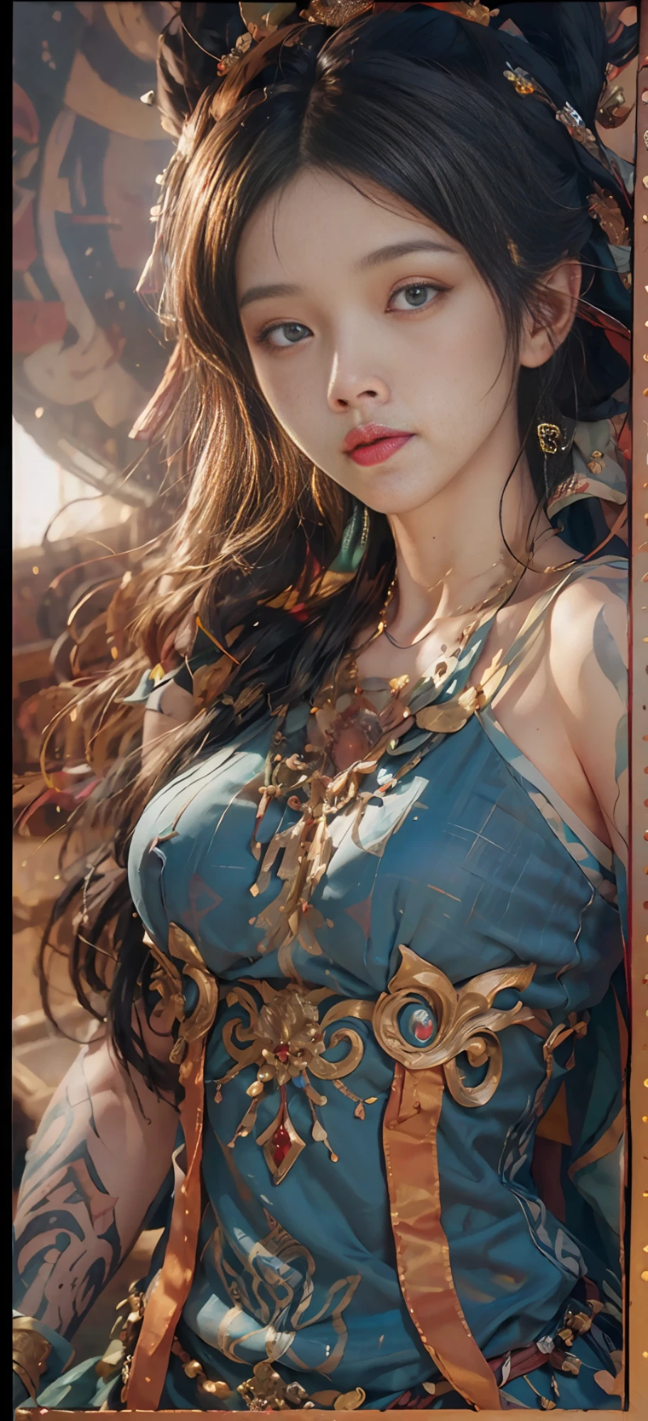 (RAW photo, best quality), (realistic, photo-realistic:1.3),best quality,highly detailed,masterpiece,ultra-detailed,illustration,1girl,upper_body,dynamic angle,world masterpiece theater,messy_long_hair,best quality,extremely detailed CG unity 8k wallpaper,ink,Amazing,cinematic lighting,lens_flare, dunhuang_style
