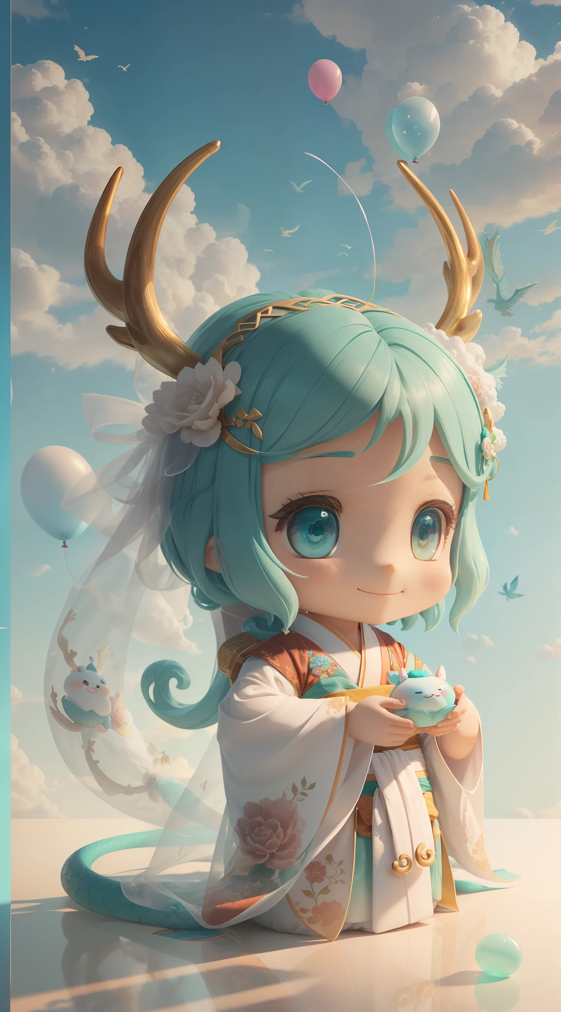 Snake, big ears, happy smile, (wearing Hanfu) dragon head, antlers, soft ((best quality)), ((masterpiece)), (hair accessories)( extreme detail, highest detail, official art, beauty and aesthetics:1.2), shallow view, composition ( (full body) ), (chibi), (beautiful and detailed eyes: 1.3), (very happy:1) (light mint green and gradient white), popmart blind box, clay texture, (transparent balloon, cloud decorative background), natural light, best quality, Super Detail, 3D Art, C4D, Blender, OC Renderer, 3D Rendering, 8K --auto --s2