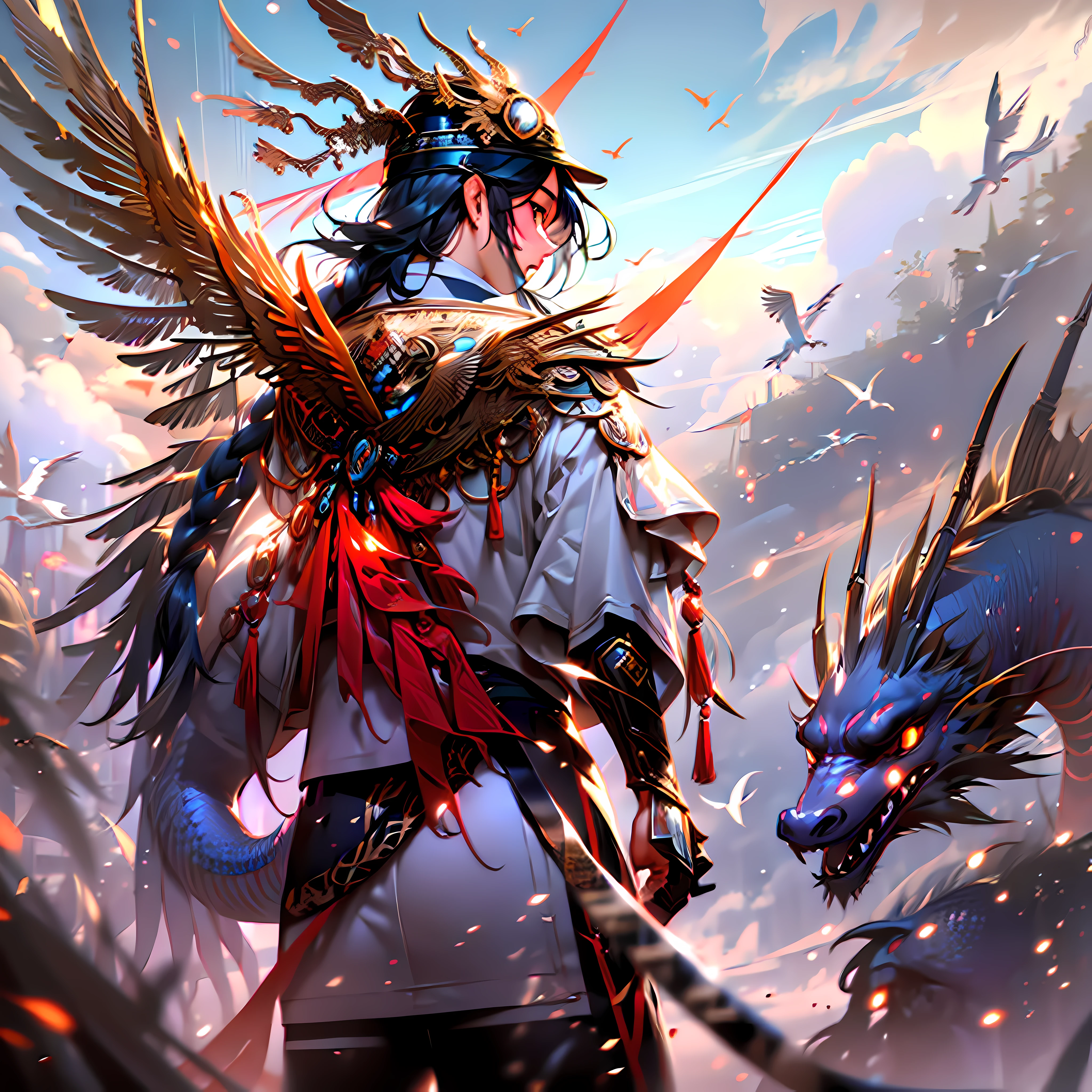 1boy,letterbox, holding, outdoor, bird, standing, cloud,weapon, from behind, sky, cloudy sky, animal, holding weapon, oriental dragon,towering into the clouds, monster, 1other, hat, fog,
