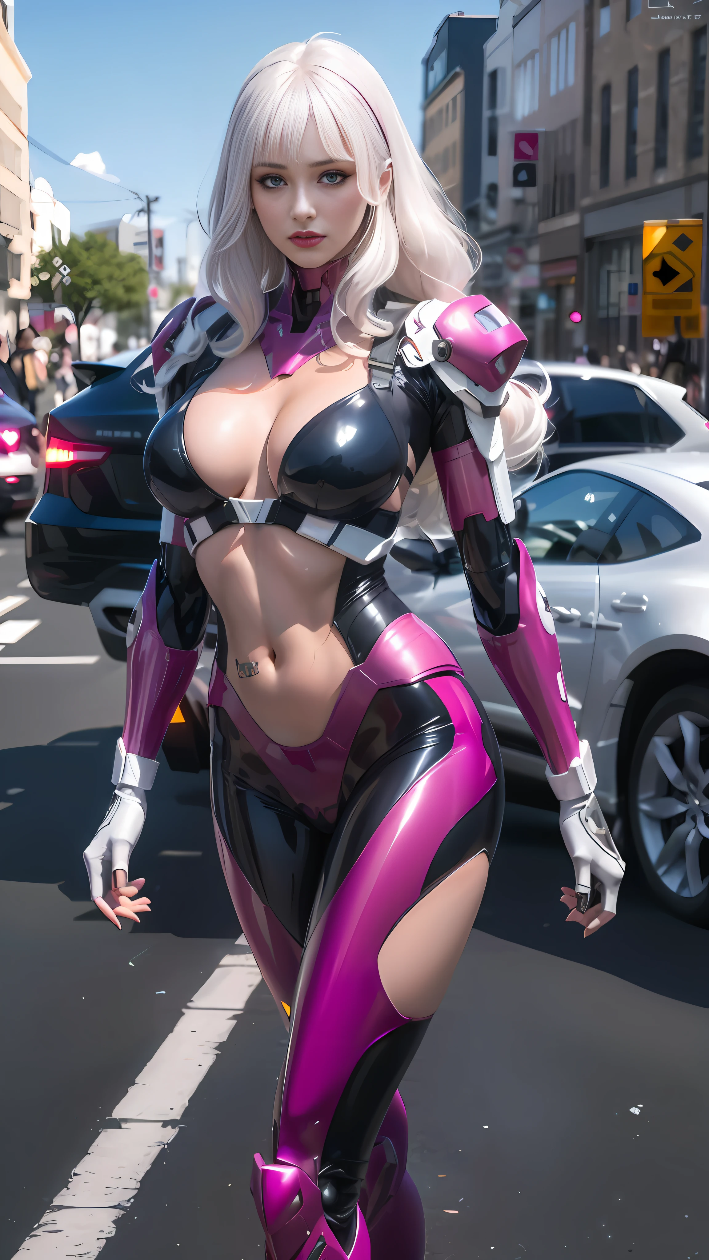 araffe in a pink and black suit walking down the street, slick pink armor, streamlined pink armor, as overwatch character, girl in mecha cyber armor, as an overwatch character, oppai cyberpunk, echo from overwatch, sombra from overwatch, biomechanical oppai, gynoid cyborg body, fully robotic!! catgirl, widowmaker from overwatch