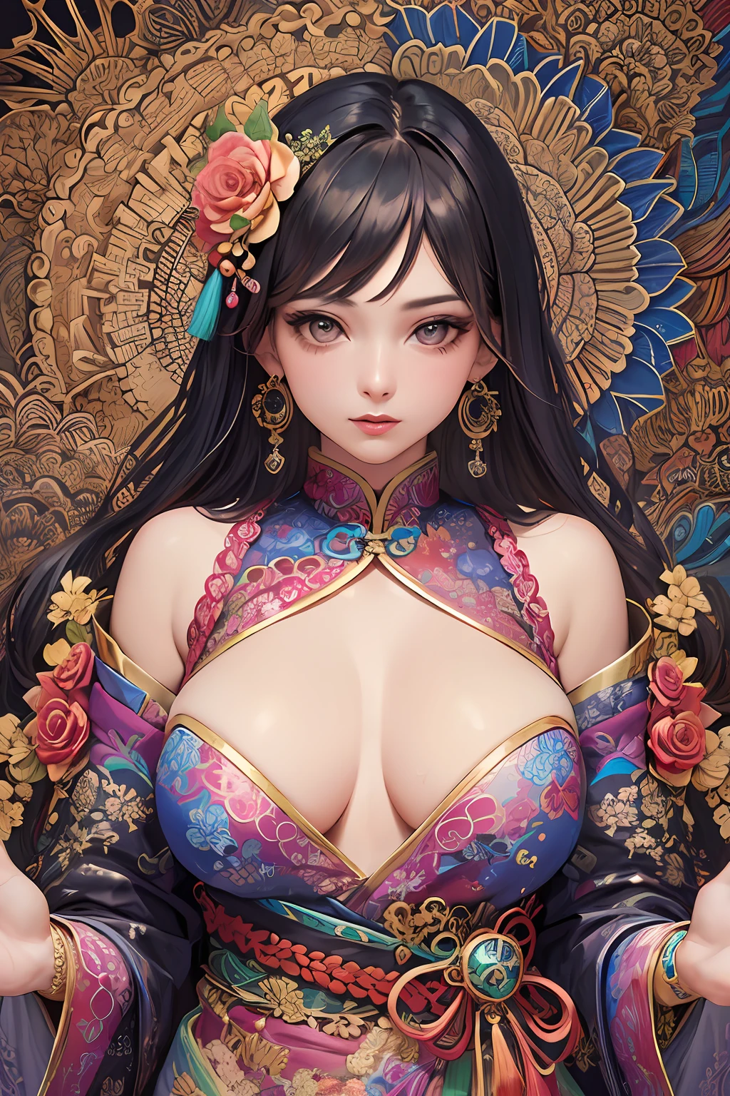 (masterpiece, top quality, best quality, official art, beautiful and aesthetic:1.2), (2women:1.3), extremely detailed,(fractal art:1.1),(colorful:1.1)(flowers:1.3),highest detailed,(zentangle:1.2), (dynamic pose), (abstract background:1.3), (chinese Traditional cloth:1.2), (shiny skin), (many colors:1.4), ,(earrings:1.4),