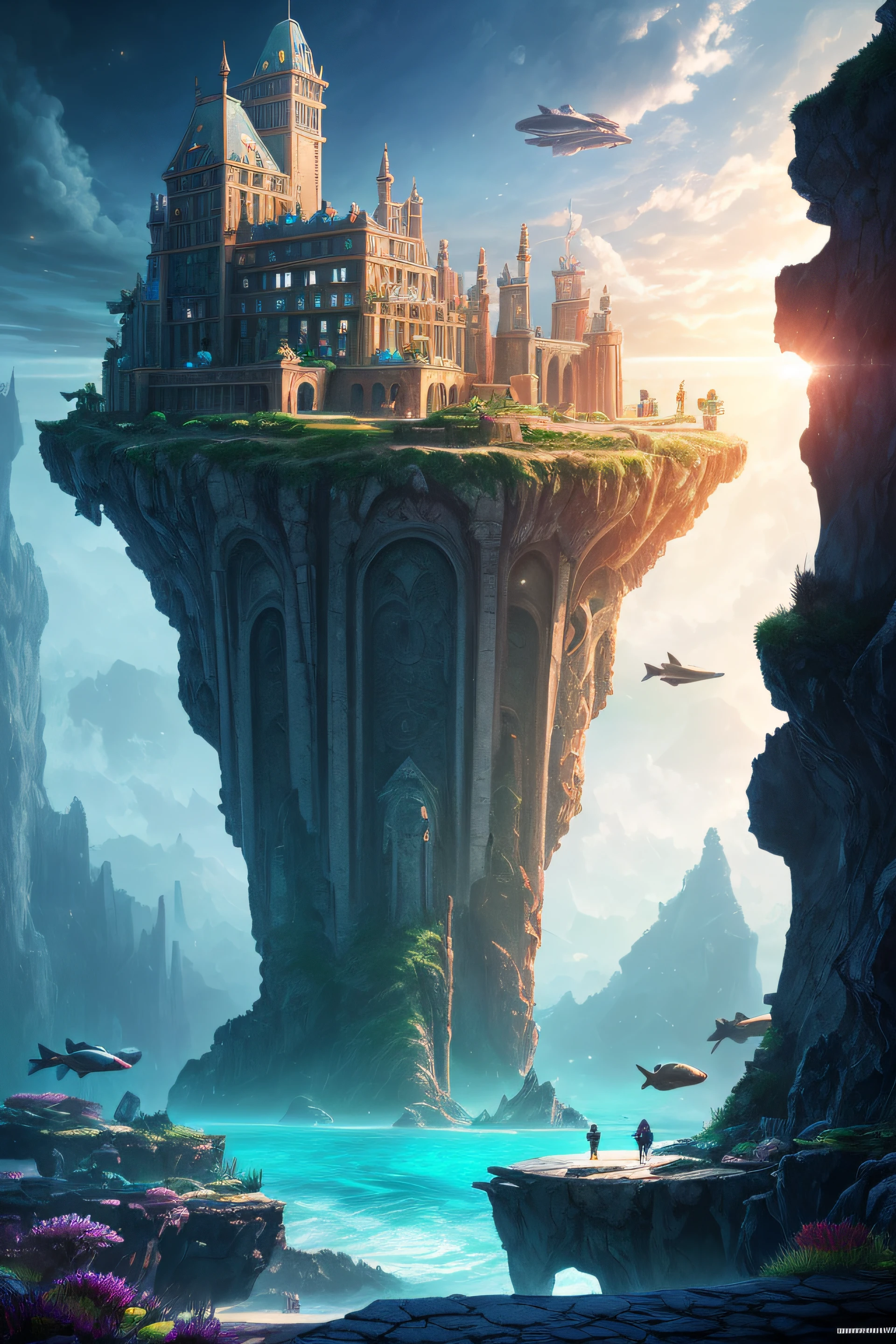 a painting of a beyond-dimensional fantasy world,a world of under the sea,Atlantis,science fiction,uplighting,studio Ghibli,unreal engine,epic composition,CG digital render,Ultra HD,technique highly detailed,triadic color scheme --auto