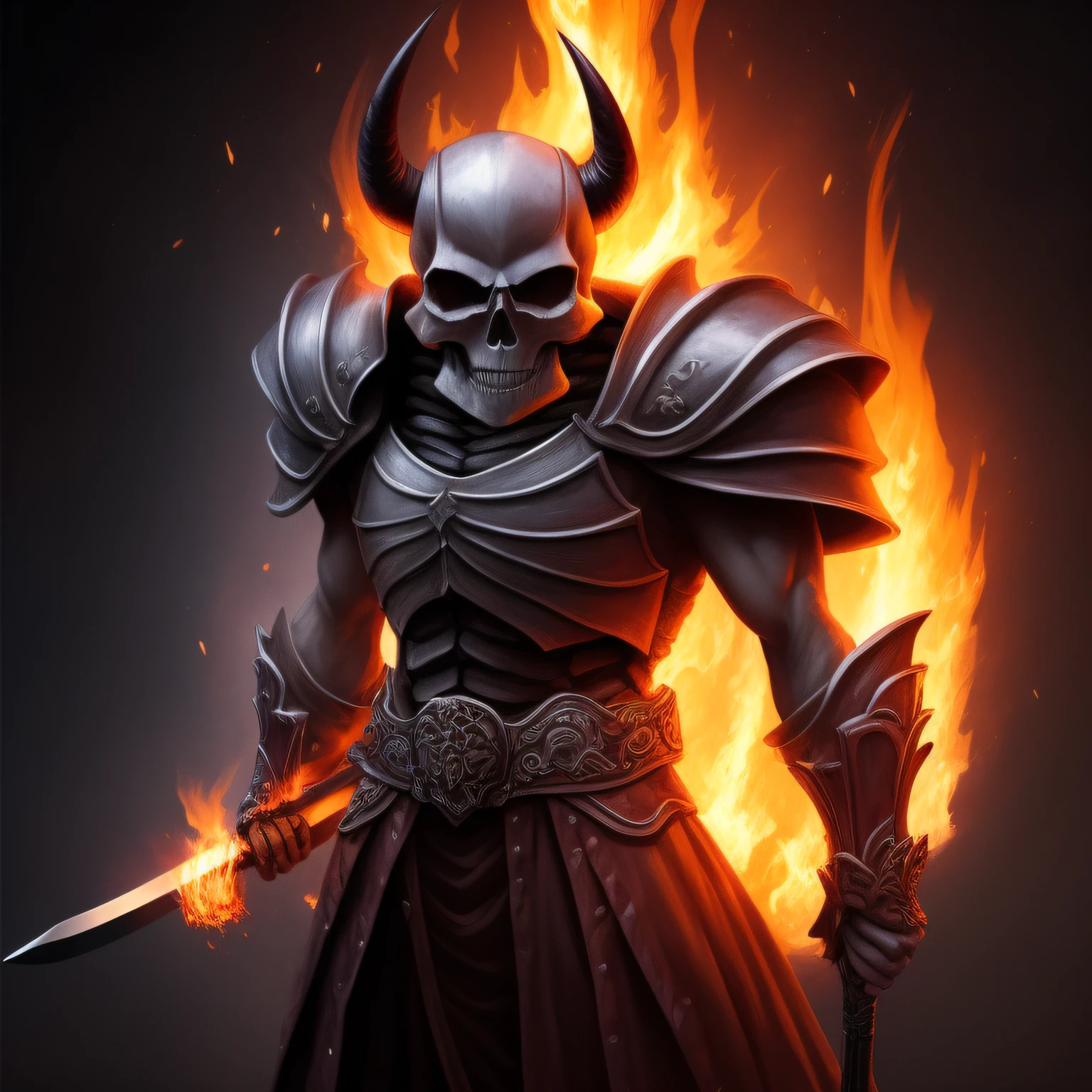 Skull knight skeleton with an ancient sword in his hand, High Detail, Gloomy mood, expression, (in full growth) afoot, dice, Horns, night, fire, growl, anger, hyperrealism, Horns, rib bones, photo realism, Dark background, Inner glow, Purple Fire, half-turn to the audience
