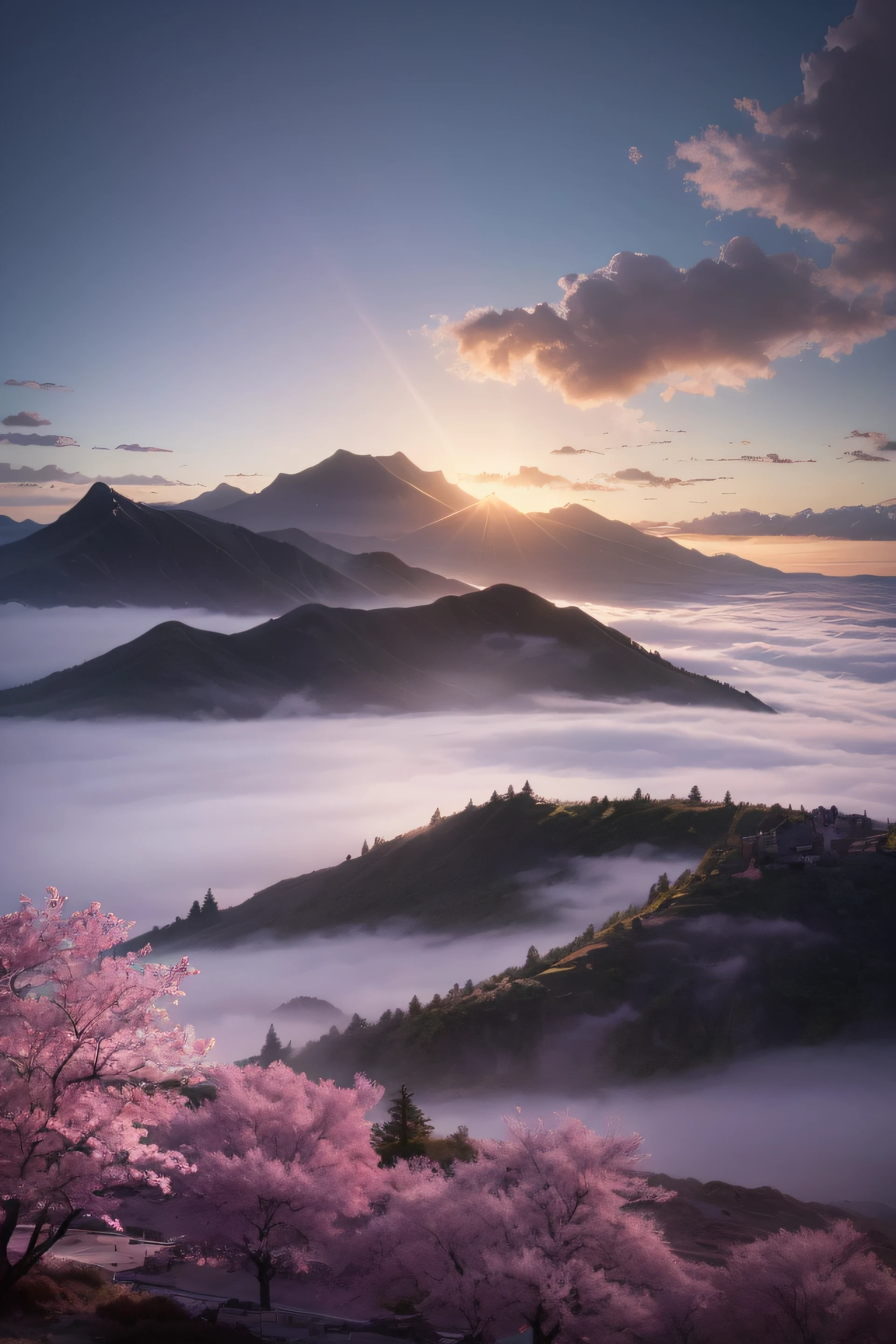 a painting of a beyond-dimensional fantasy world,reality infused with dreams,the mountian tops were hidden beneath a veil of mist,a cherry blossom with gentle breeze,uplight,atmospheric,epic composition,unreal engine,a screenshot from science fiction anime film by makoto shinkai --auto