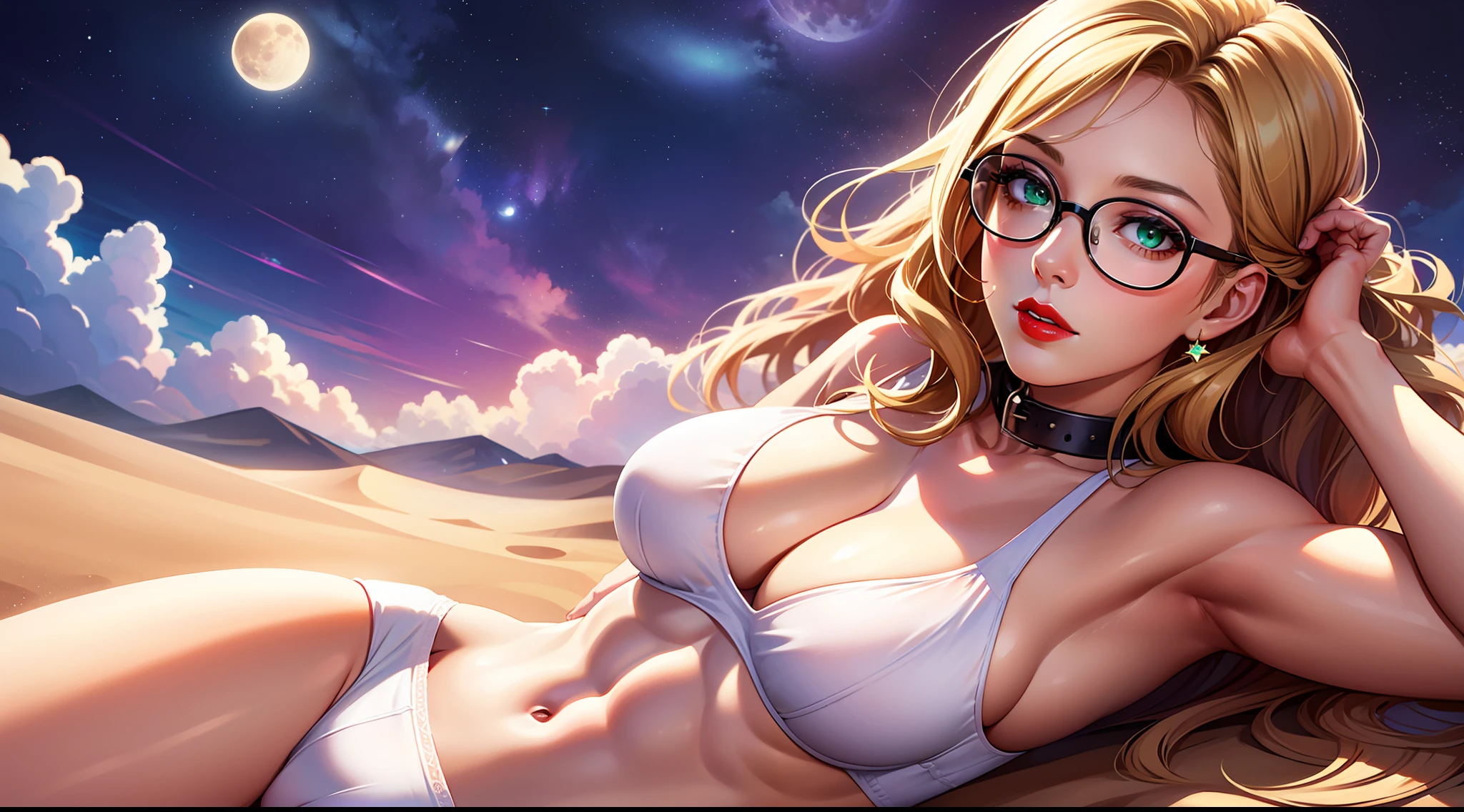 1 girl, ig model, looking far away, hand in her hair, glasses, lewd face, sexy, cleavage, blonde hair, brunette, green eyes, red lips, green collar, white bikini, white skirt, white panties, white bra, thigh highs, arm band, armpits, large breasts, wide hips, thick thighs, muscles, abs, no teeth, beautiful face, realistic, ray traced, beautiful eyes, red lipstick, desert, sand, night, stars, moon, clouds