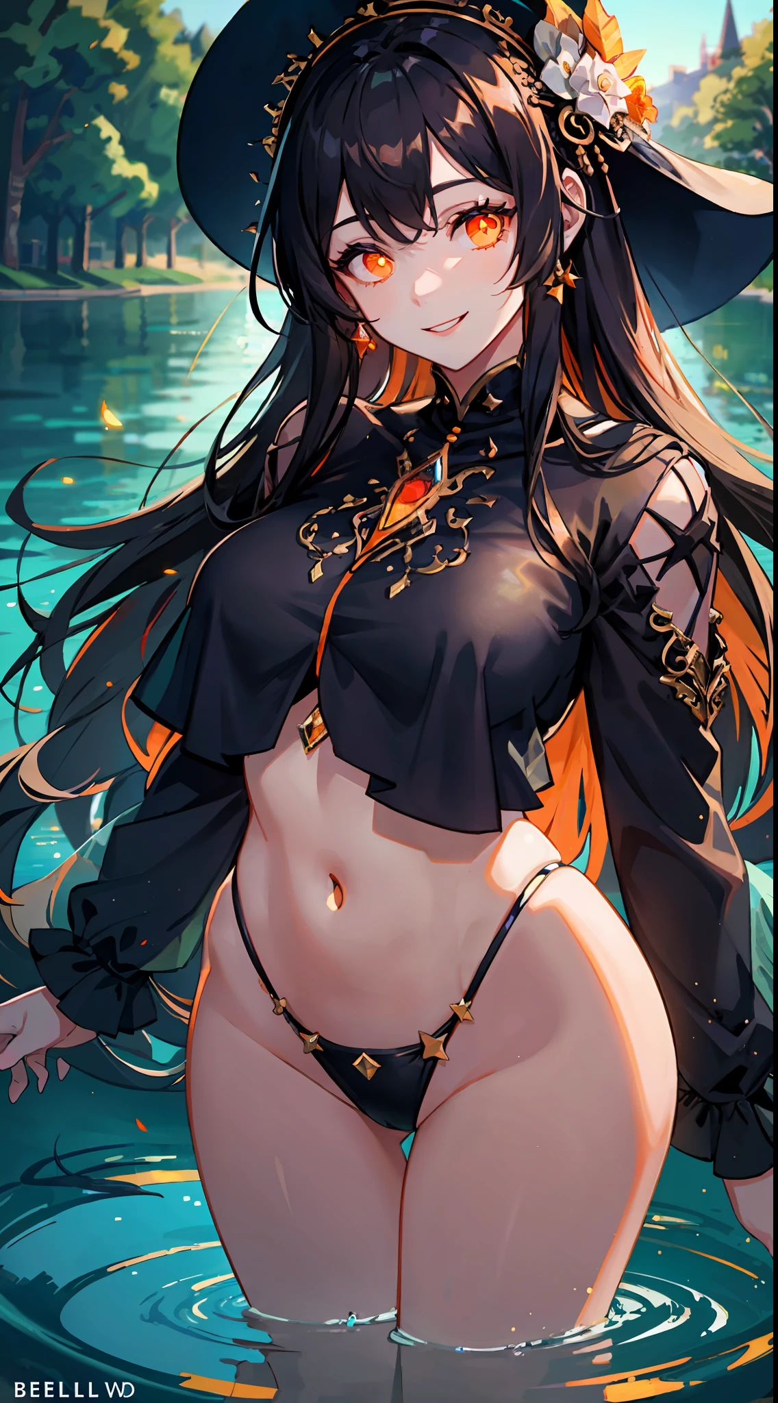 masterpiece, UHD, black hair, shapely, 1girl, crop top, detailed face, (beautiful and detailed orange glowing eyes:1.4), front shot, from bellow, smiling, full body, lake background, crystal clear water, park, night,