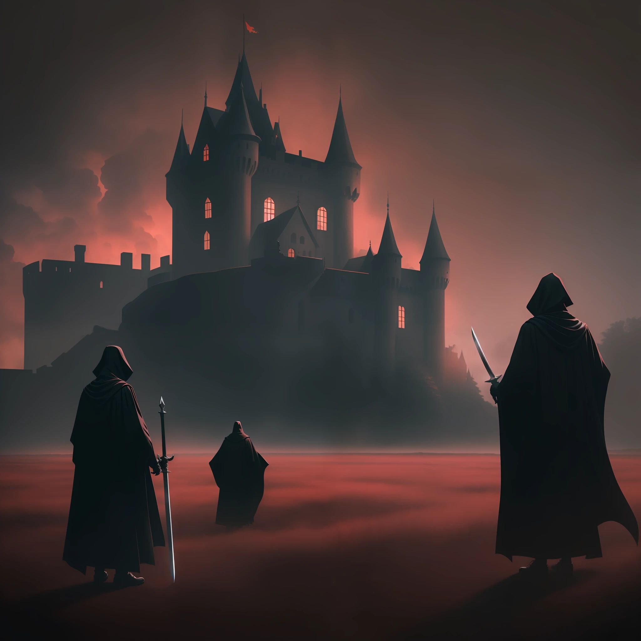Skeletons in black robes, with chairman, holding swords, like knights, View of the castle ruin, Shrouded in crimson mist