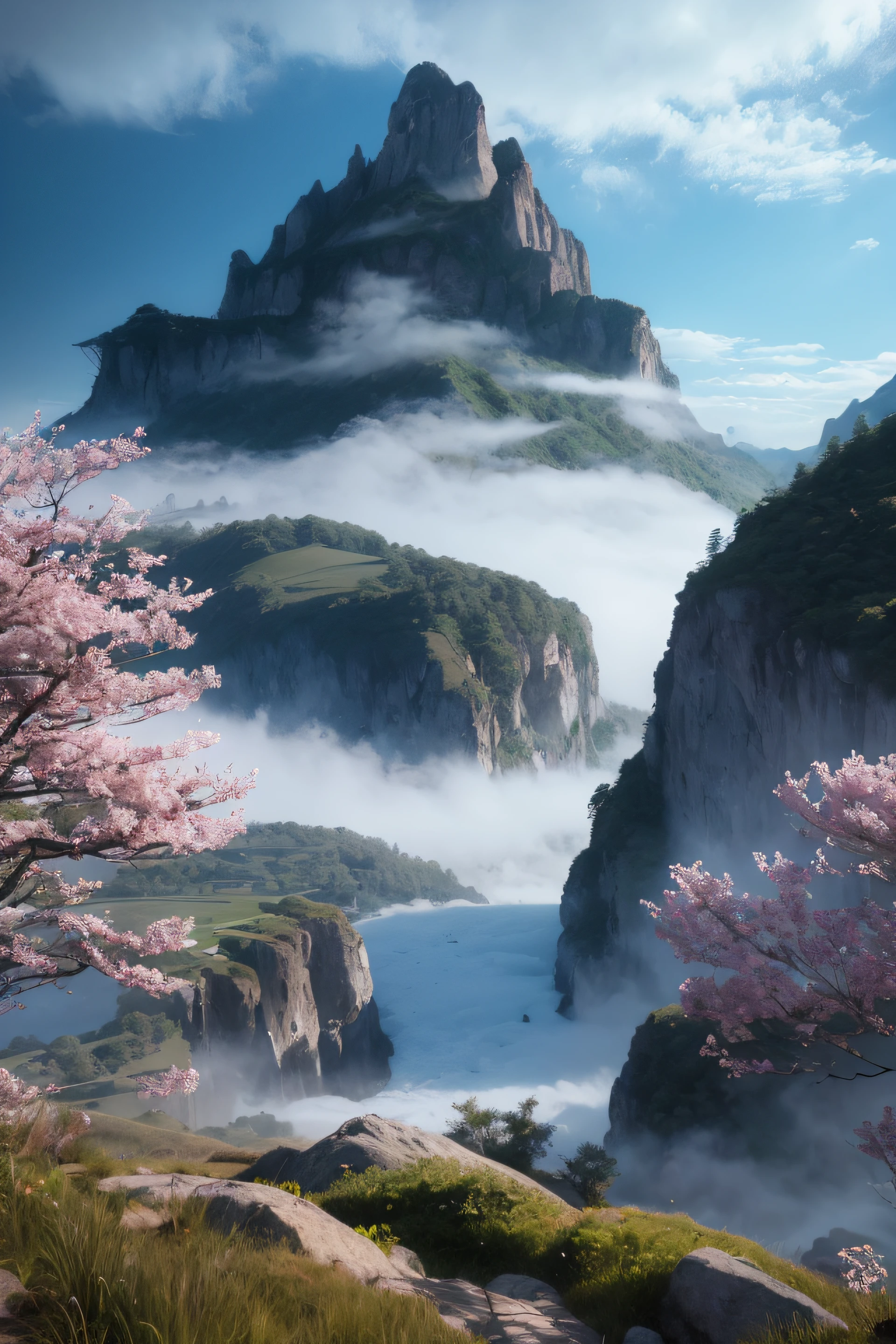 a painting of a beyond-dimensional fantasy world,reality infused with dreams,the mountian tops were hidden beneath a veil of mist,a cherry blossom with gentle breeze,uplight,atmospheric,epic composition,unreal engine,a screenshot from science fiction anime film by makoto shinkai --auto