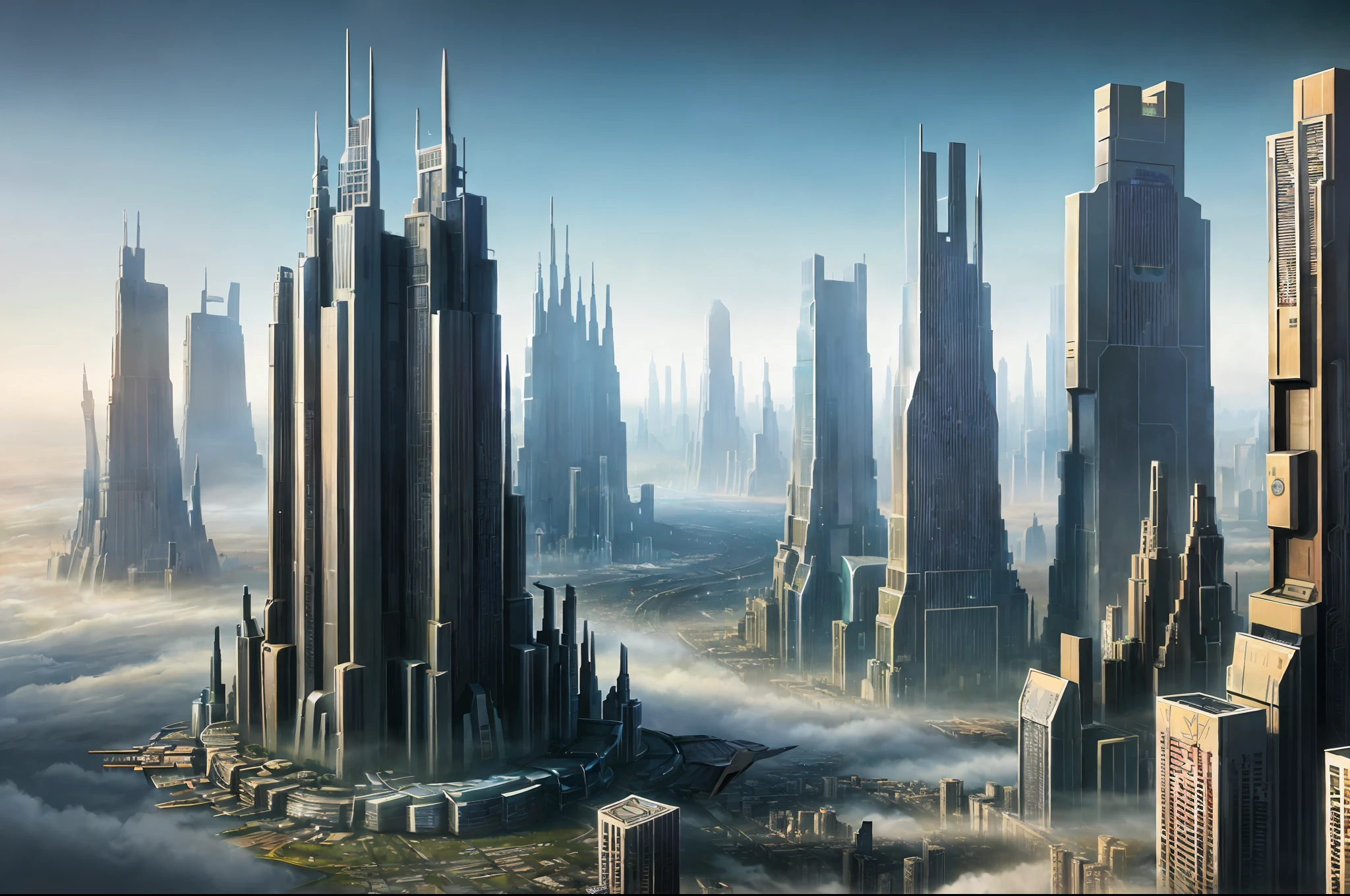 science fiction art, futuristic city in the morning