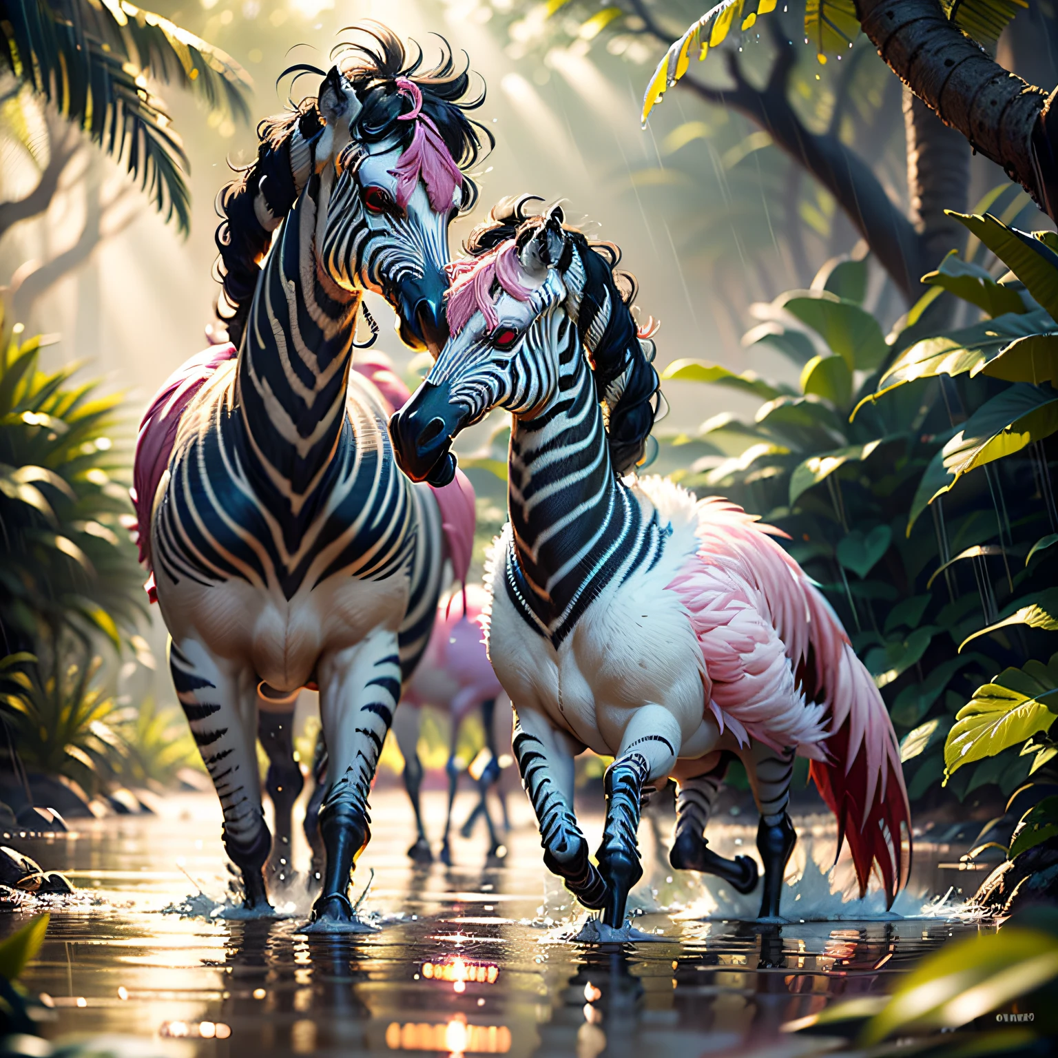 ((best quality)),((masterpiece)), hyper realistic illustration, (((ultra detailed)),, Scene structure: Enchanted forest: Winged zebras and flamingos dancing Hawaiian. Dense tropical forest. Wet rain. Beautiful sunset falling, movie light, cinematic, intricate details. Foliage rich in detail by Pixar, Walt Disney,, award-winning work, chromatic, 16K, motion blur, cinematic lighting, depth of field, reflection light, god rays, glowing light, blending, drop shadow, masterpiece