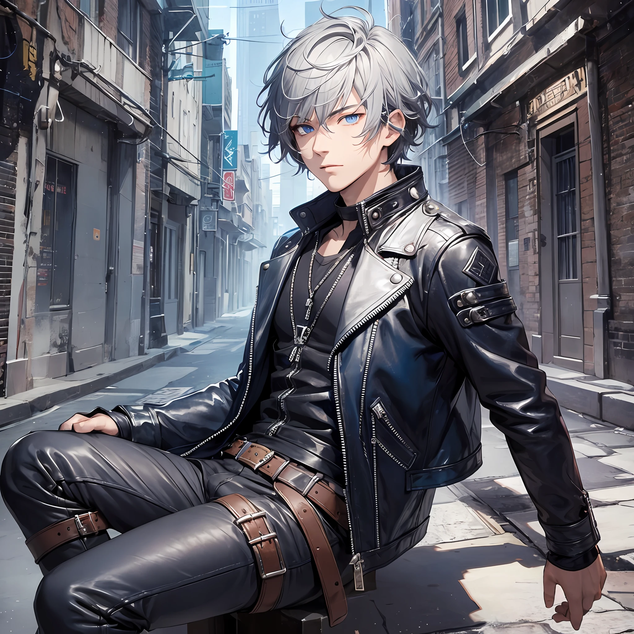 masterpiece, best quality, 1man, adult, malefocus, solo, gray hair, short hair, vibrant blue eyes, looking at viewer, High quality metal texture, closed mouth, bangs, high collar,(kbxll:0.6), Fantasy aesthetics, Highly detailed, shadowverse style, full body, black attire, leather jacket