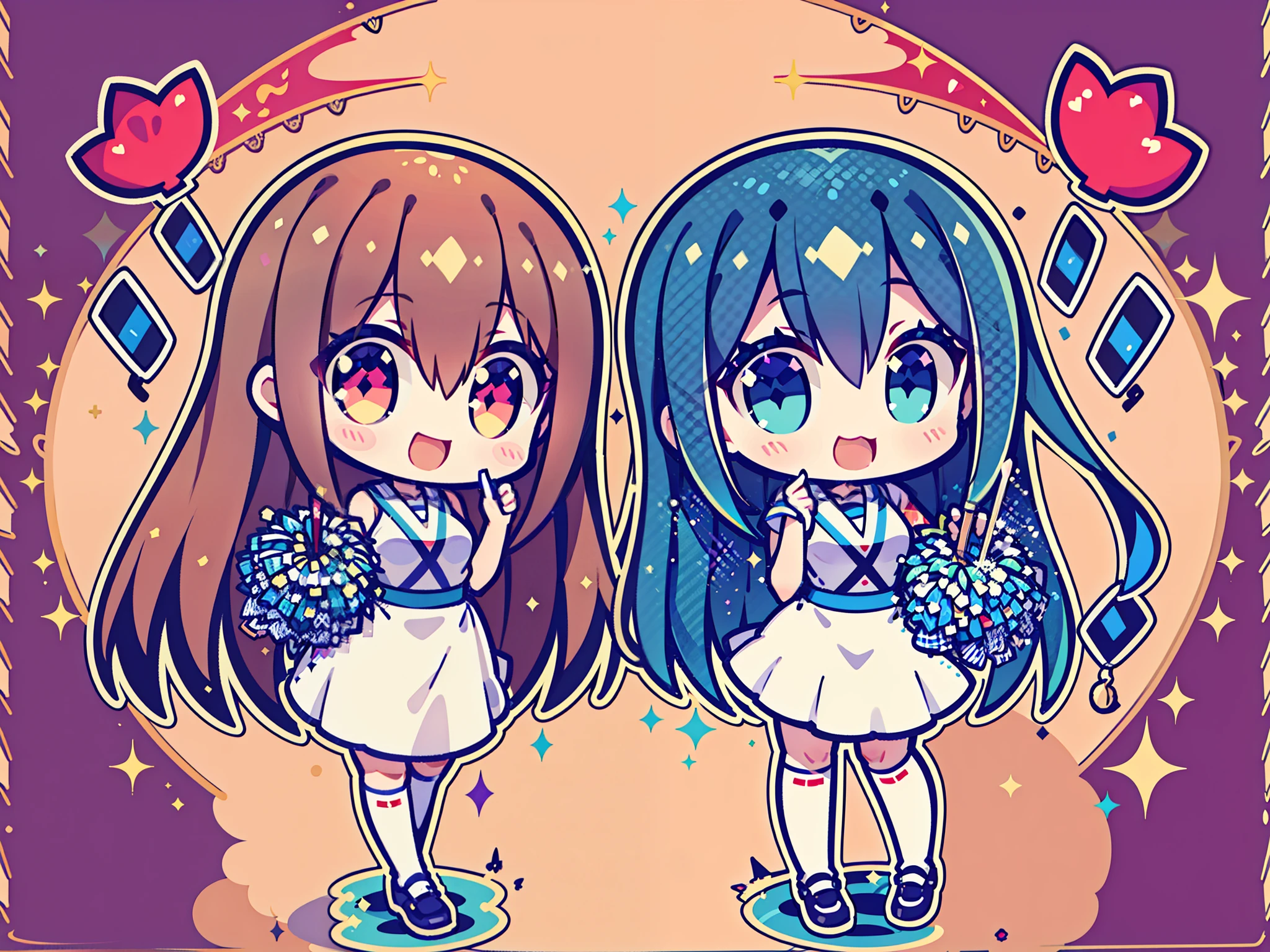 Cheergirl is two Asian women, wearing cheergirl uniform, clothes are sleeveless clothes, skirt, Yui has brown hair and long hair., beautiful hands, Aya has dark blue hair and long hair., eye color is the same as hair color, wearing the same clothes, good friends, both of them smiling, holding bonbons, costume is as pictured, shiny silver, small, shiny silver clothes, V-neck clothes, no logos and letters on clothes, clothes glitter silver uniform, clothes are non-transparent fabric 🚿🗝📝 🔞🤡 2263539546], , 8 km race)), anim、、、、、、、、、、、e-style mascot type, background is solid blue., clothes have no ribbon, only blue lines, ❤🔥🍄🌪