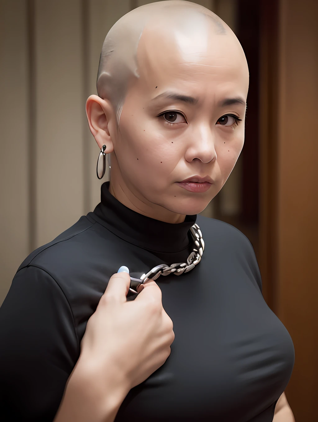 ((Hairstyle is shaved head, skinhead)), (Japan female), age 55 years old, 8K, photorealistic, photorealism, portrait, 85mm lens, depth of field, skin luster is delicate, eyes are black, eyes are drooping, slightly off, lips plump, chubby, (Rino Katase), gray suit, tight mini skirt, prison, prison, Connected by a chain from the earlobe to the nose