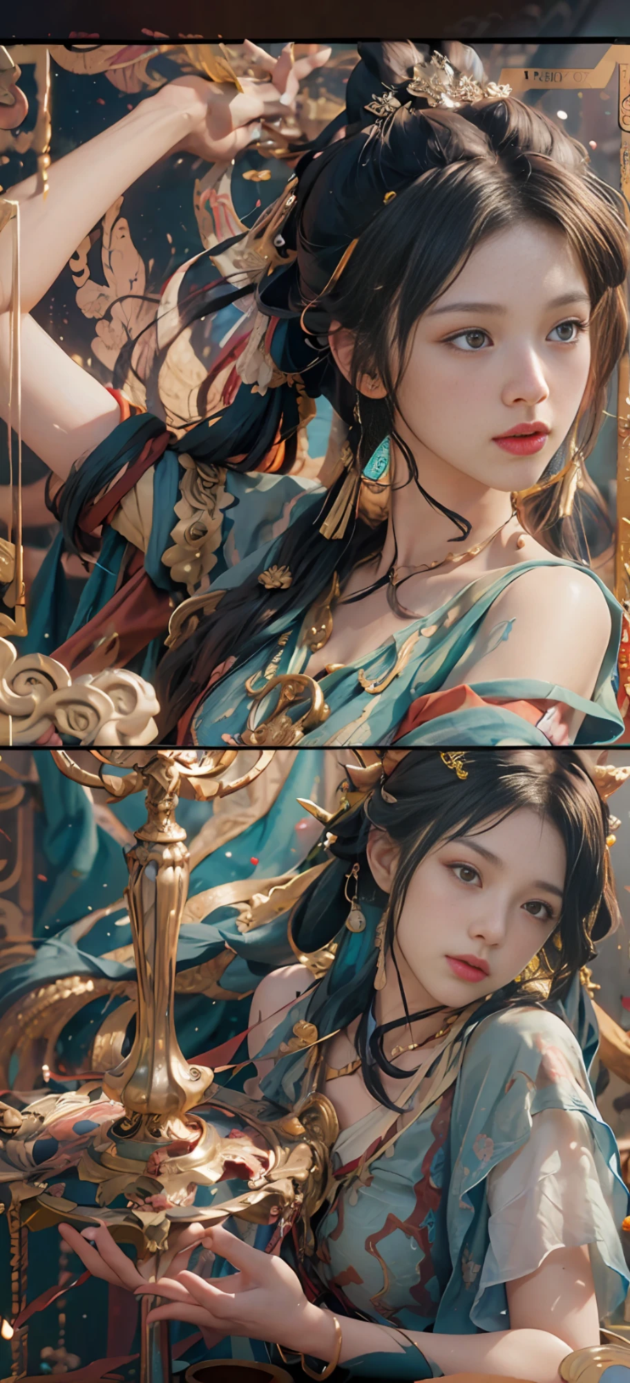 (RAW photo, best quality), (realistic, photo-realistic:1.3),best quality,highly detailed,masterpiece,ultra-detailed,illustration,1girl,upper_body,dynamic angle,world masterpiece theater,messy_long_hair,best quality,extremely detailed CG unity 8k wallpaper,ink,Amazing,cinematic lighting,lens_flare, dunhuang_style