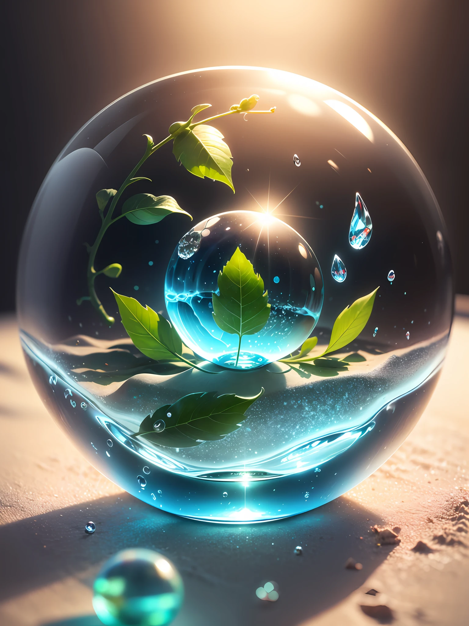 Ultra-Realistic, 16K High Resolution, (Max Sharp Focus: 1.3), (Max Close-up: 1.5), (Young Leaf Drops Trapped in Crystal Perfect Ball with Table Pelinth: 1.7), (Water Drops, White Sand: 1.5), (Backlit)